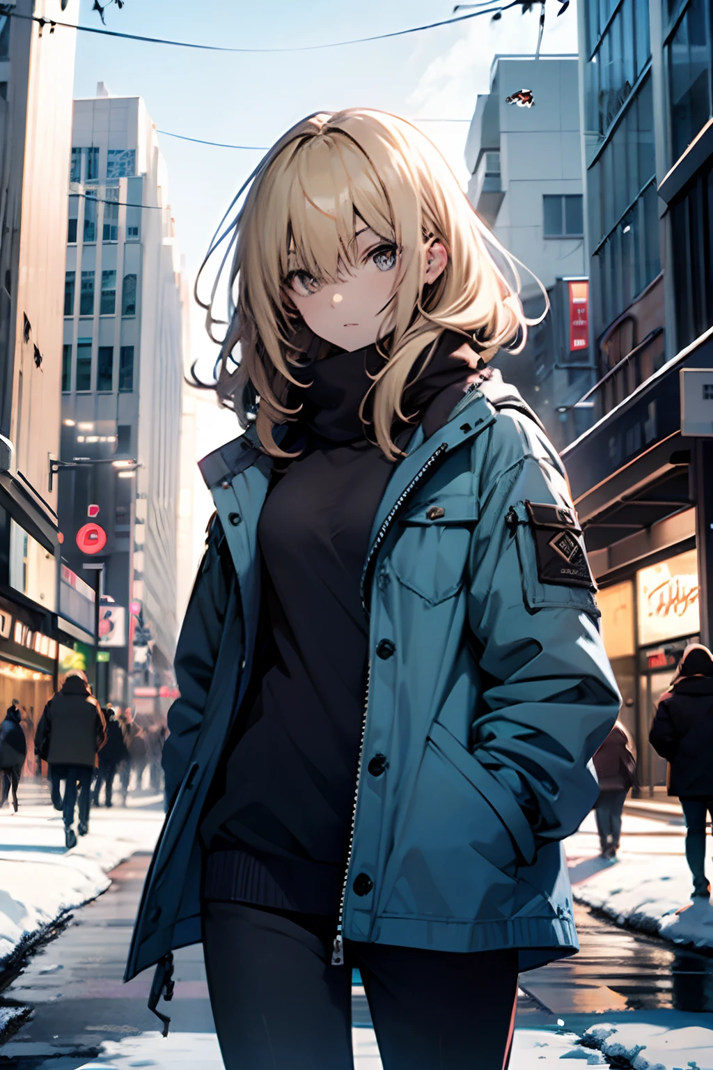 pale man, blond hair in front of eyes, on a snowy city, blue jacket