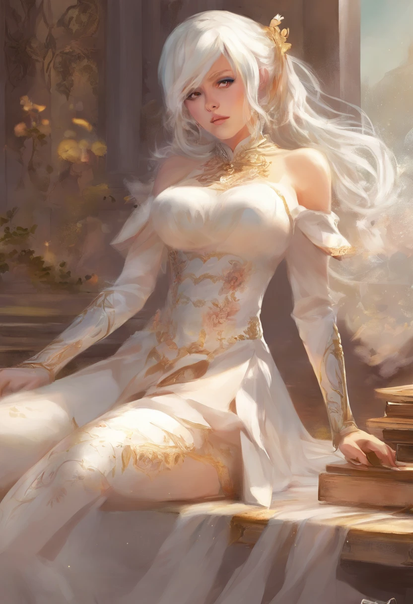 2b from nier automata, sitting on a bed, decent ass, mature face, curvy, normal boobs, bright lighting, body facing forwards, mature face, blush, peace sign with both hands, sophisticated, no expression, tight clothes, long hair, leggings, brah, headband, normal clothing