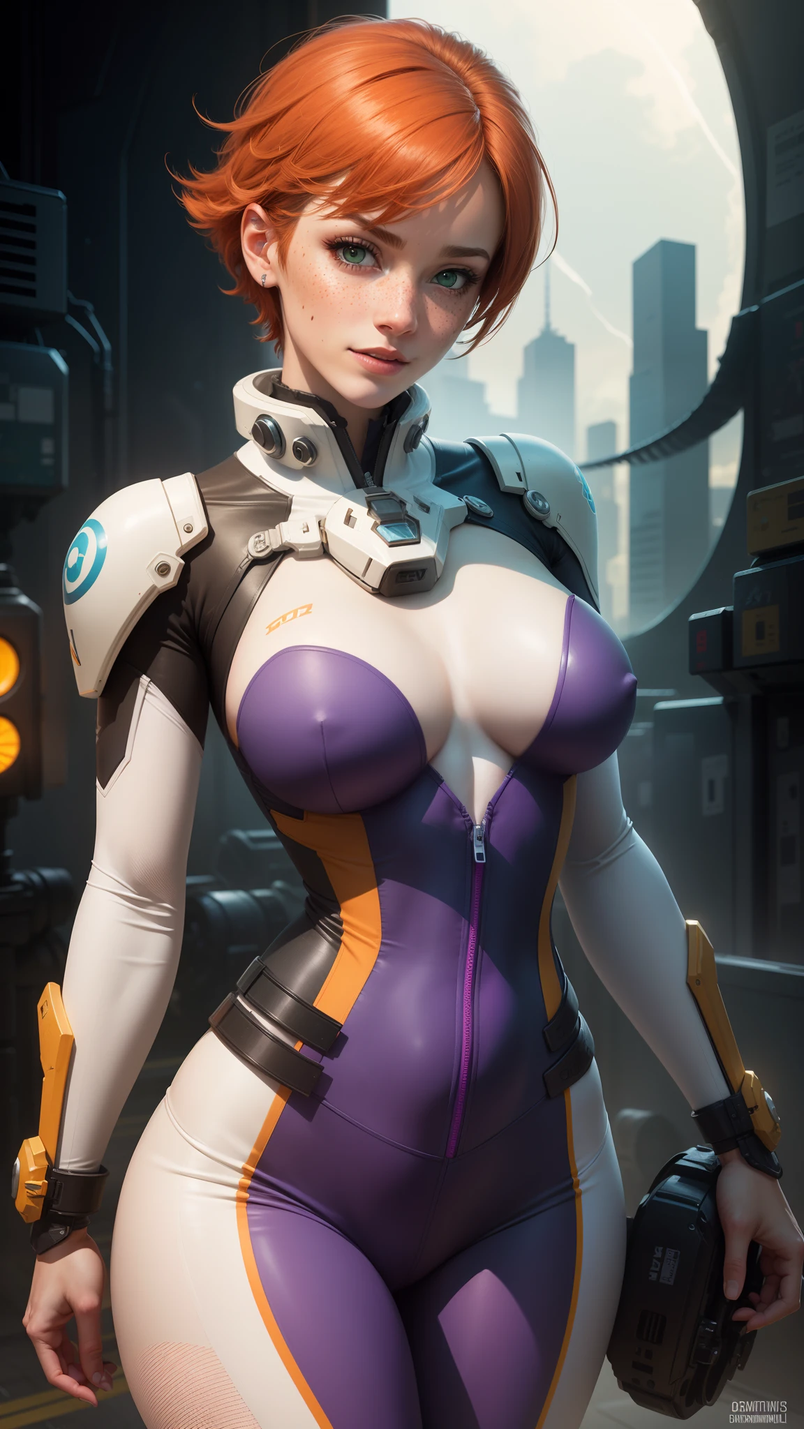 gwen tennyson,tracer,samus,rebecca chambers,ghost in the shell,overwatch, 1girl,close up,japan,mecha pilot,space port,mecha uniform,space marine, pirate corset,white long sleeve lycra top,white leggings,short hair,war makeup,green eyes,orange hair, purple hair highlights,shy smile, freckles,redhead,beautiful girl,large breasts,ultra detailed,realistic,fantasy art,