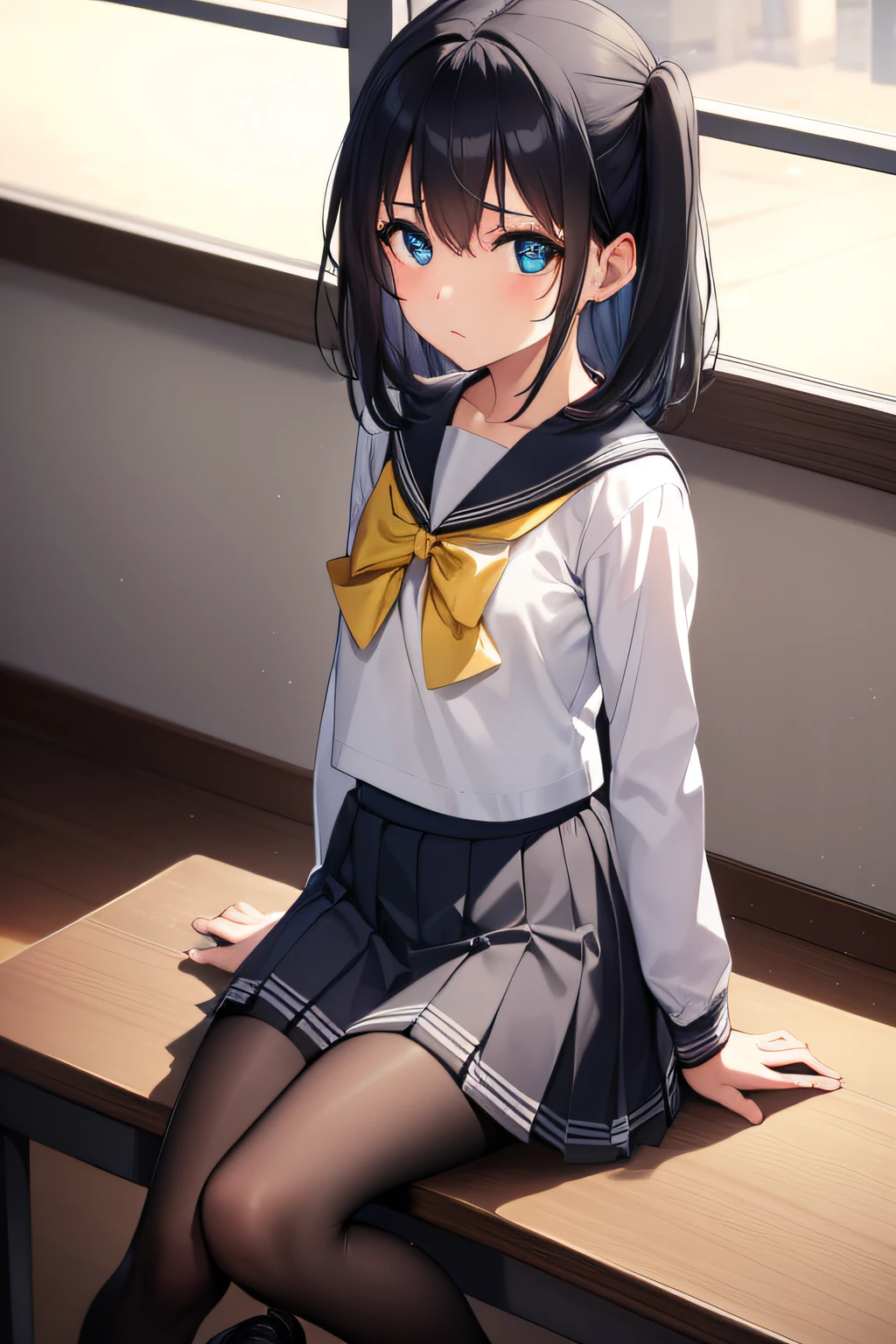 blue colored eyes, Medium hair, Black hair, two sides up, double tails, (Flat chest:1.2), 
Break black socks, bow, neck bowtie, brownfootwear, macarons, Gray sailor's collar, grey skirt, Loafer shoes, Long sleeves, Miniskirt, Pleated skirt, Sailor collar, school uniform, serafuku, shirt, shoes, Skirt, uranohoshi school uniform, White shirt, winter uniform, yellow bow, yellow bowtie,
BREAK looking at viewer, 
Break indoors, Classroom, 
Break (Masterpiece:1.2), Best quality, high resolution, Unity 8k wallpaper, (illustration:0.8), (Beautiful detailed eyes:1.6), Extremely detailed face, Perfect lighting, Extremely detailed CG, (Perfect hands, Perfect anatomy),