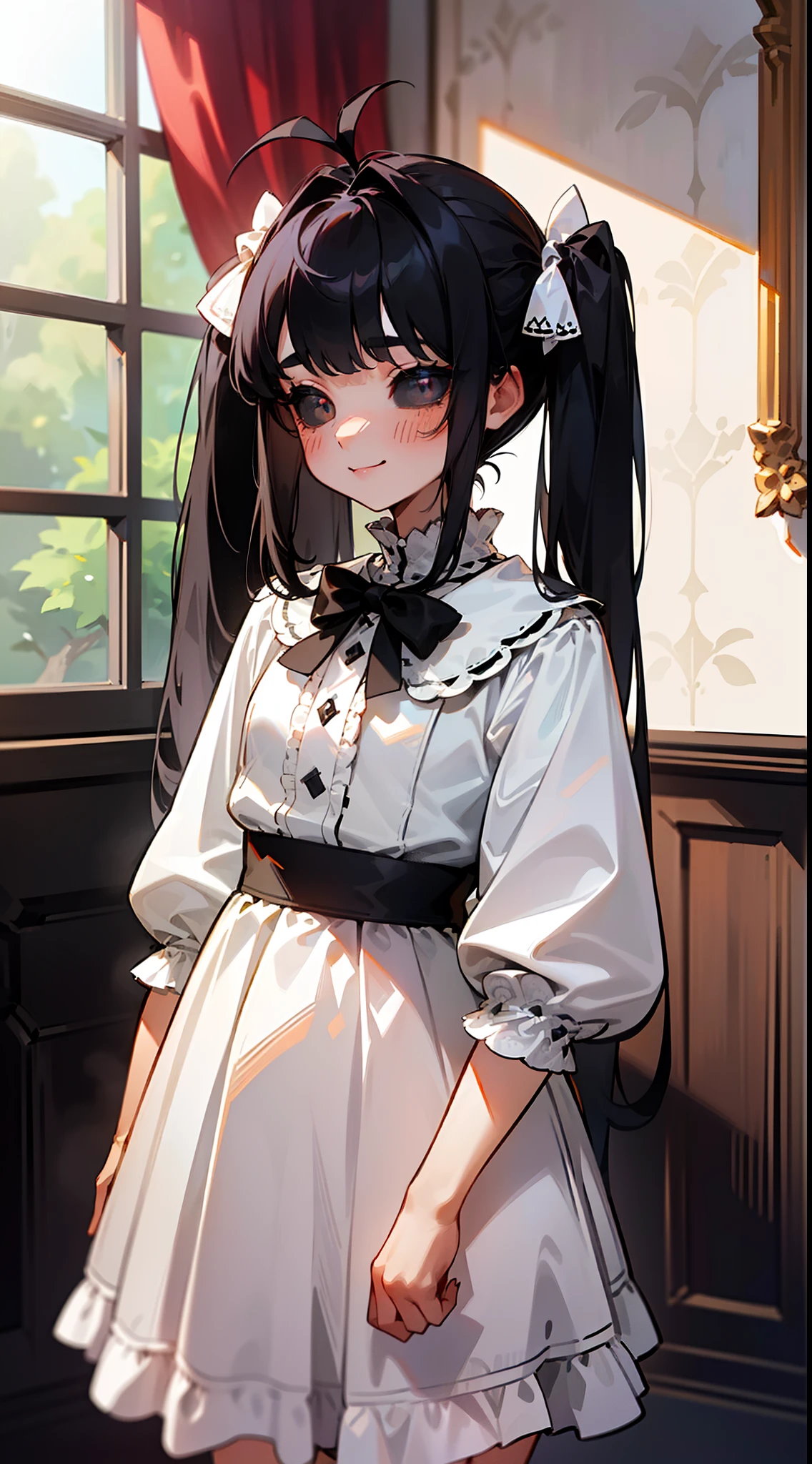 (Original Character,8k, Masterpiece, Best Quality,Detailed, Beautiful Detailed Eyes, solo),((1girl,10 years old)),white dress,black hair,long hair,(((hair 2antenna))),black eyes,black sclera,twintails,,cute,(standing in a room in castle),smile,blush,cowboy shot