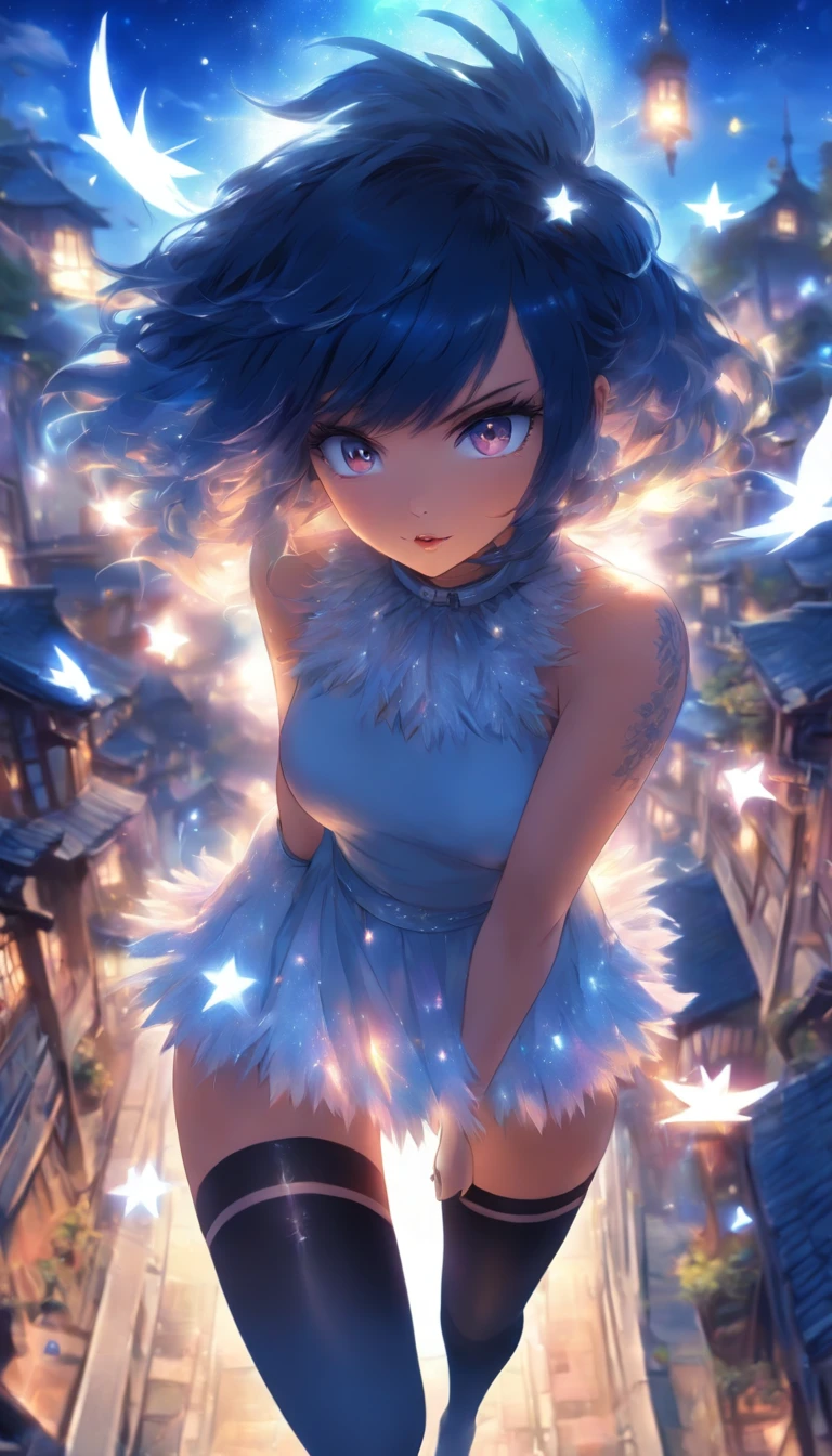 hightquality, Pure Beautiful Girl, Dark Blue Medium Bob Hair, Starry Yellow Eyes, Moderately large breasts, Crystal clear white skin, Light Blue Eyeshadow, Peach-colored lips, adventurer, white frilly blouse, Black miniskirt, knee high socks, Absolute area, a black choker,Magic wand with large light blue feathers, The background is a village