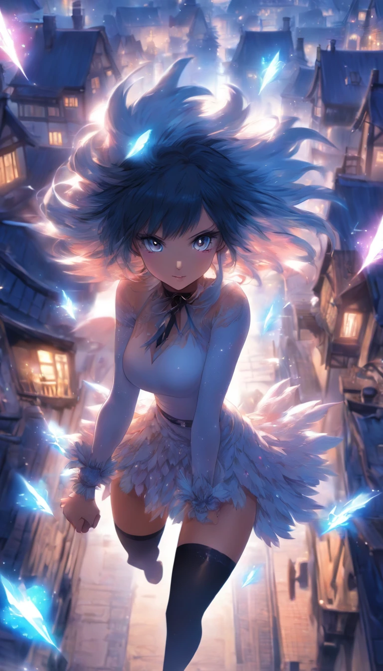 hightquality, Pure Beautiful Girl, Dark Blue Medium Bob Hair, Starry Yellow Eyes, Moderately large breasts, Crystal clear white skin, Light Blue Eyeshadow, Peach-colored lips, adventurer, white frilly blouse, Black miniskirt, knee high socks, Absolute area, a black choker,Magic wand with large light blue feathers, The background is a village