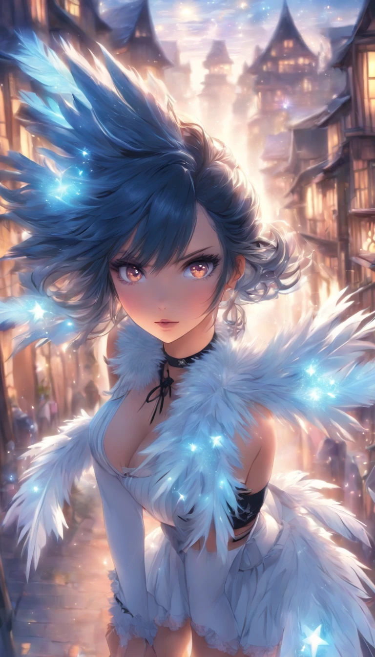 hightquality, Pure Beautiful Girl, Dark Blue Medium Bob Hair, Starry Yellow Eyes, Moderately large breasts, Crystal clear white skin, Light Blue Eyeshadow, Peach-colored lips, adventurer, white frilly blouse, Black miniskirt, knee high socks, Absolute area, a black choker,Magic wand with large light blue feathers, The background is a village