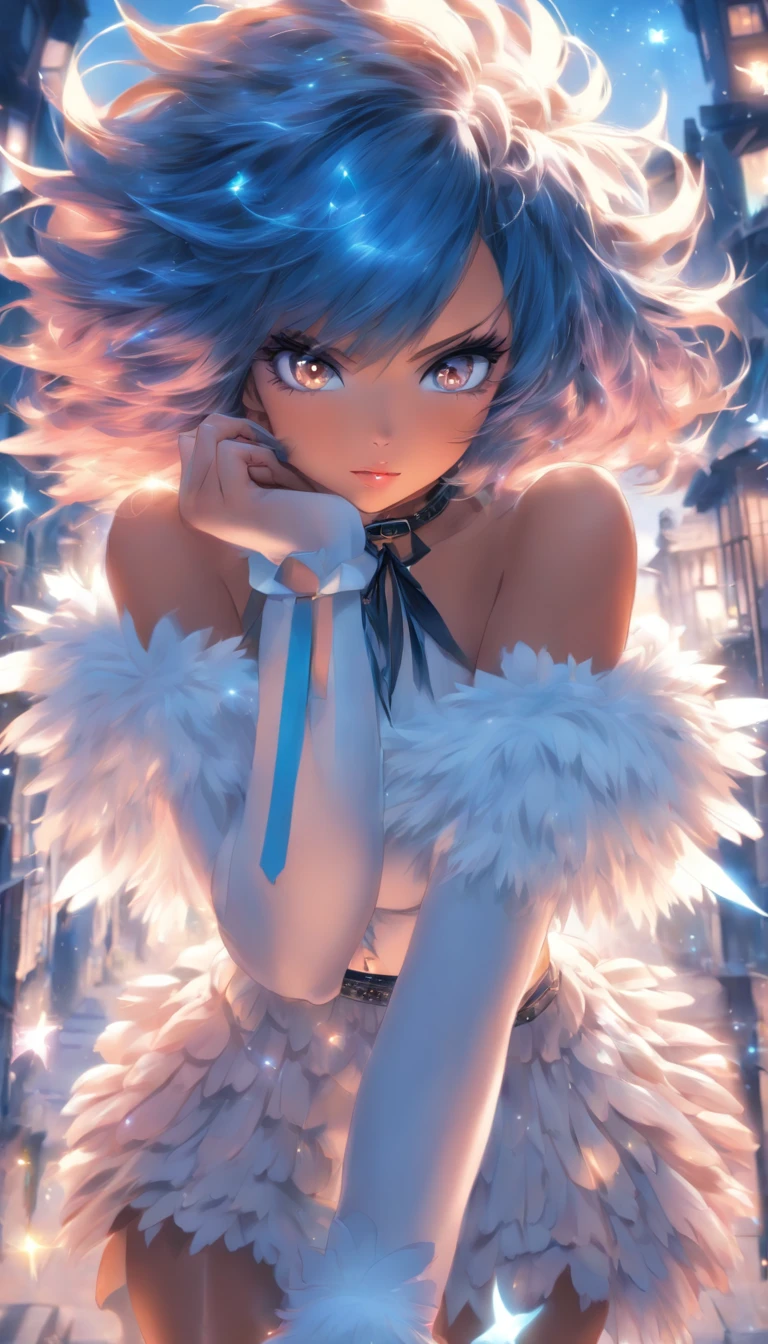 hightquality, Pure Beautiful Girl, Dark Blue Medium Bob Hair, Starry Yellow Eyes, Moderately large breasts, Crystal clear white skin, Light Blue Eyeshadow, Peach-colored lips, adventurer, white frilly blouse, Black miniskirt, knee high socks, Absolute area, a black choker,Magic wand with large light blue feathers, The background is a village