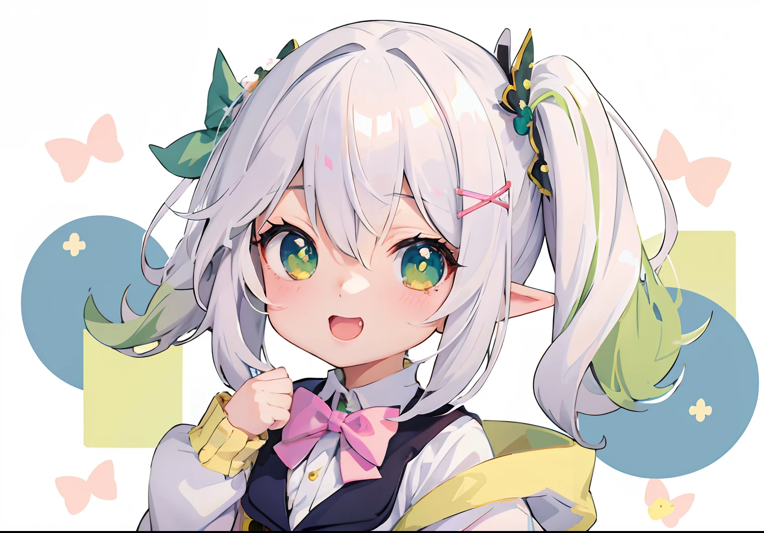 Anime girl with white hair and green eyes with bow tie, Elf Girl, elf girl wearing an flower suit, Loli, nyaruko-san, anime girl with cat ears, Kawaii realistic portrait, anime moe art style, Splash art anime Loli, cute character, anime visual of a cute girl, lalafell, cute anime girl portraits