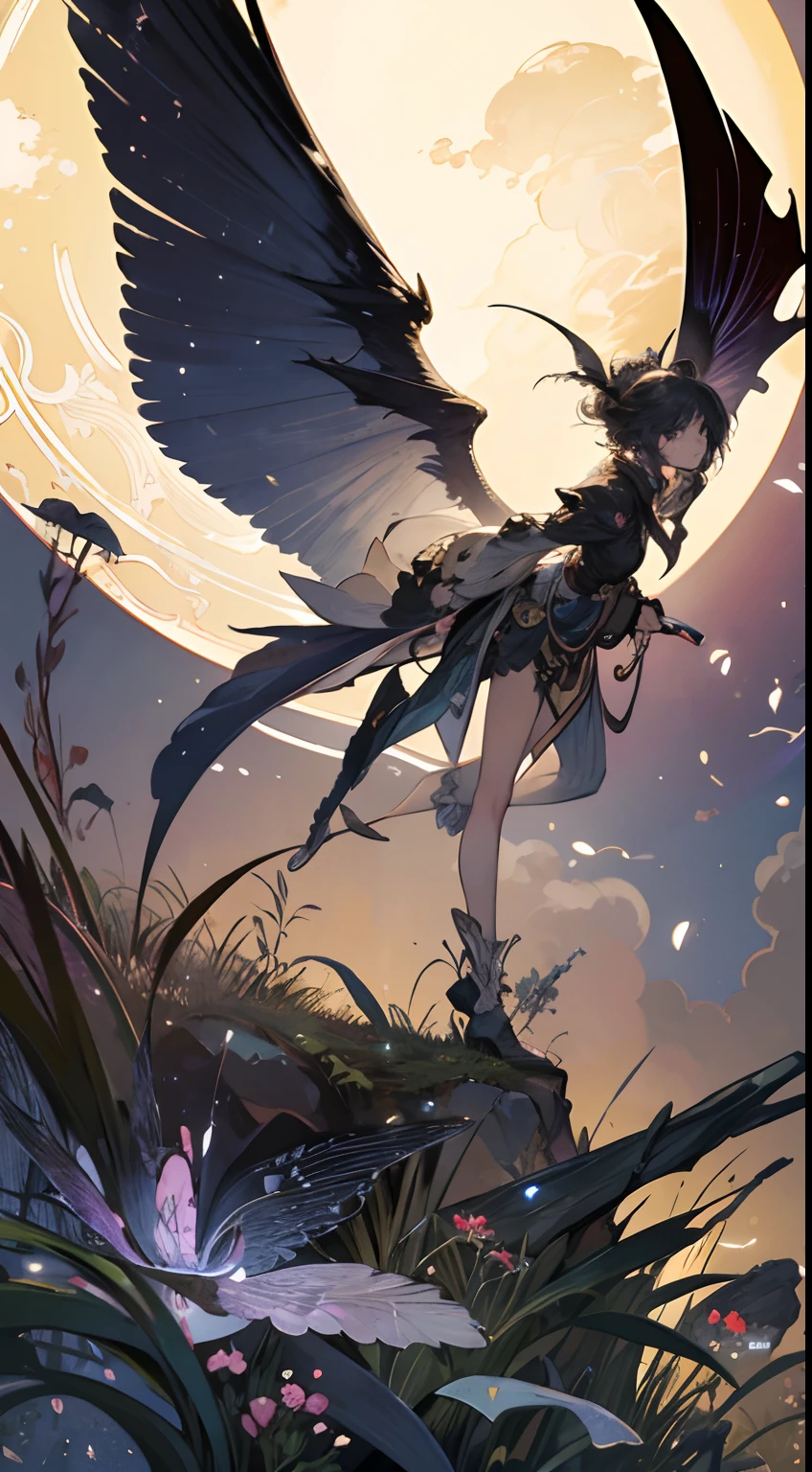 Japanimation,
(((eroge))),
Fantasy scene, Fantasy composition,
1female,solo,illustration,
cinematic composition,delicate composition,dynamic angle,
perfect anatomy,full body,
16k, extremely high level illustration ,an extremely beautiful lady, extremely and highly detailed beautiful face and eyes, look of nobility and dignity,soft and warm lighting, beautiful detailed girl, (((masterpiece))), best quality, extremely detailed, fantasy lighting, beautiful detailed glow, {beautiful detailed eyes}, solo, flower, white flower, Japanese long Kimono style, looking up, breasts, hair ornament, hair over one eye, long hair, red eye, yellow eye, petals, black flower, rose 1girl, blue rose, bouquet, cleavage, falling leaves, falling petals, glint, gloves, high heels, leaves in wind, moon, petals on liquid, rose, rose petals, sparkle, thighhighs, Two-tone hair, butterfly, daisy, flower (symbol), lily (flower), lily pad, lotus, medium breasts, snowflakes, star (symbol), very long hair, white butterfly, white rose, flower 1girl, feathers, white legwear, black rose, navel, angel, angel wings, asymmetrical wings, cross, feathered wings, halo, heterochromia, multiple wings, spread wings, wings, jewelry, 1girl, aurora, constellation, galaxy, gauntlets, light particles, ight, night sky, shooting star, sky, starry sky, starry sky print, boots, floating hair, full moon, polearm, groin 1girl, winged arms, city lights, cloud, midriff, moonlight, blush, large wings, multicolored wings, nail polish, tail feathers, thigh gap, diffraction spikes, lens flare, light rays, parted lips, sparkling eyes, sparks, torn clothes, an extremely beautiful detailed city, Two-tone feathers, Two-tone wings, Medieval Europe