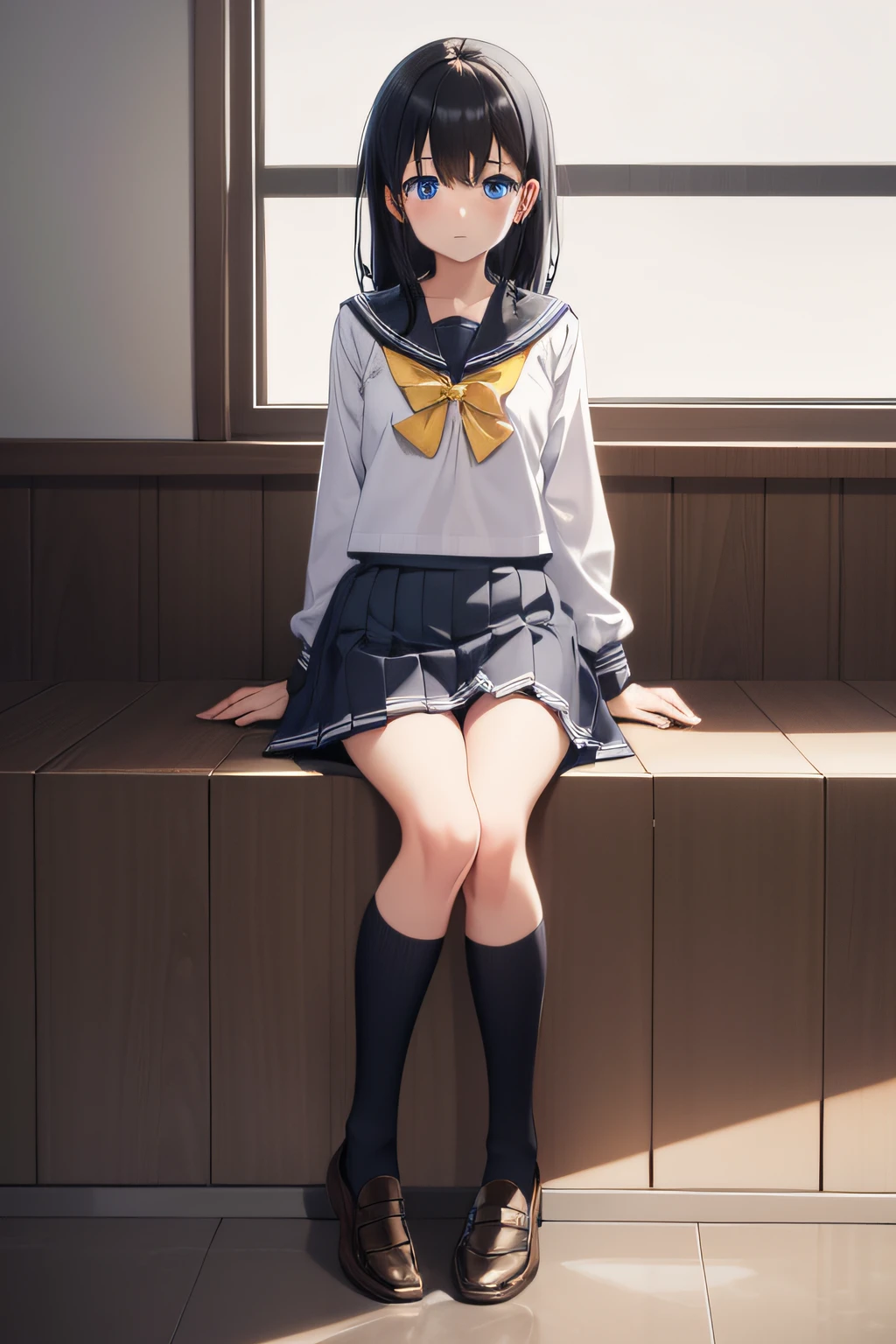 blue colored eyes, Medium hair, Black hair, two sides up, double tails, (Flat chest:1.2), 
Break black socks, bow, neck bowtie, brownfootwear, macaron, Gray sailor's collar, grey skirt, Loafer shoes, Long sleeves, Miniskirt, Pleated skirt, Sailor collar, school uniform, serafuku, shirt, shoes, Skirt, uranohoshi school uniform, White shirt, winter uniform, yellow bow, yellow bowtie,
BREAK looking at viewer, 
Break indoors, Classroom, 
Break (Masterpiece:1.2), Best quality, high resolution, Unity 8k wallpaper, (illustration:0.8), (Beautiful detailed eyes:1.6), Extremely detailed face, Perfect lighting, Extremely detailed CG, (Perfect hands, Perfect anatomy),