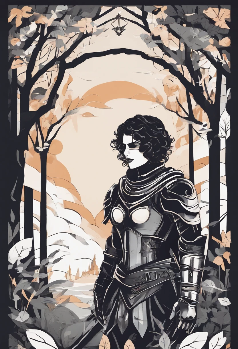 Fantasy knight in a dark forest at knight, smirking, short curly hair, dark skin, orange lipstick, smiling, glasses, steel chestplate, armor, muscular