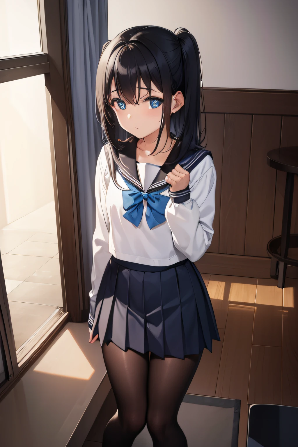 blue colored eyes, Medium hair, Black hair, two sides up, double tails, (Flat chest:1.2), 
Break black socks, bow, neck bowtie, brownfootwear, macaron, Gray sailor's collar, grey skirt, Loafer shoes, Long sleeves, Miniskirt, Pleated skirt, Sailor collar, school uniform, serafuku, shirt, shoes, Skirt, uranohoshi school uniform, White shirt, winter uniform, yellow bow, yellow bowtie,
BREAK looking at viewer, 
Break indoors, Classroom, 
Break (Masterpiece:1.2), Best quality, high resolution, Unity 8k wallpaper, (illustration:0.8), (Beautiful detailed eyes:1.6), Extremely detailed face, Perfect lighting, Extremely detailed CG, (Perfect hands, Perfect anatomy),