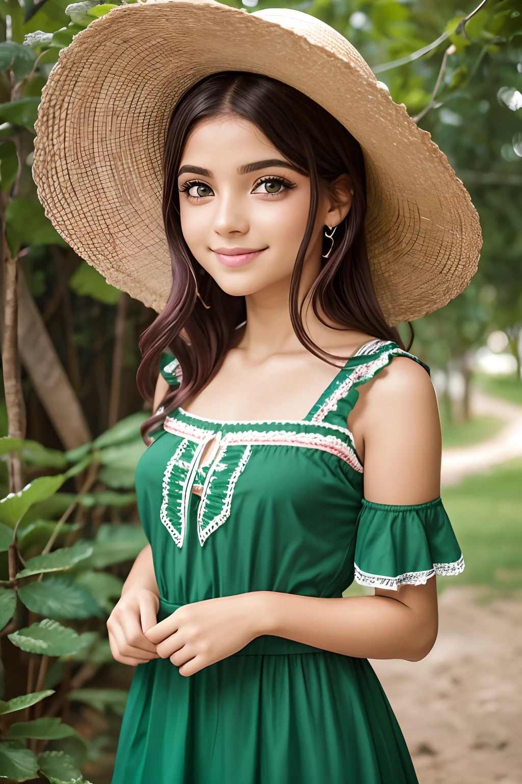Garota de 10 anos, cabelo rosa, olhos verdes, sardas no rosto, Hispanic girl, sorriso leve, blusa branca, saia rosa, sapatilha rosa, strawberry hat