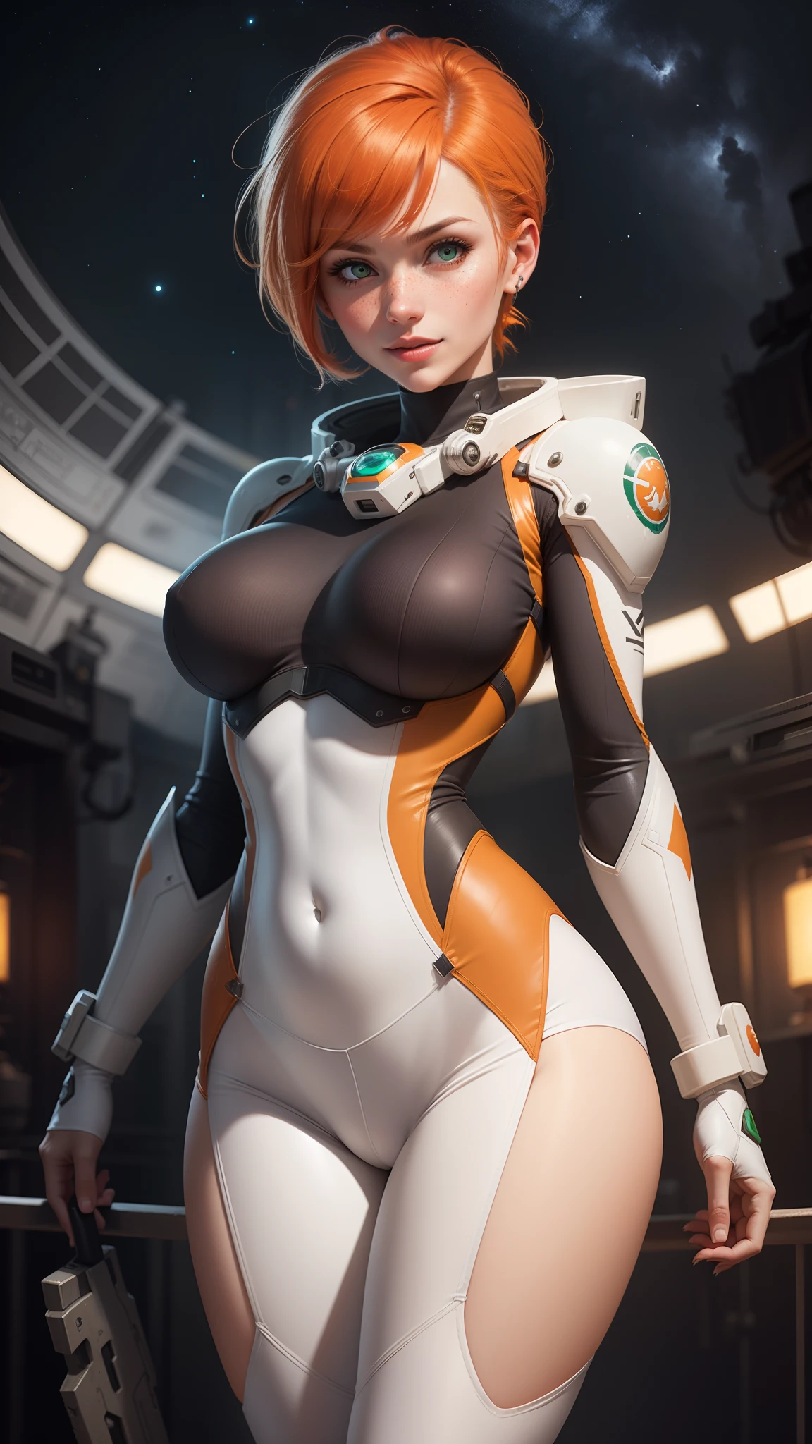 gwen tennyson,tracer,samus,rebecca chambers,overwatch,gundam,1girl,close up,japan,mecha pilot,space port, mecha uniform,space marine,pirate corset,white long sleeve lycra top,white leggings,short hair,war makeup,green eyes,orange hair,white hair highlights,shy smile,freckles,redhead,beautiful girl,large breasts,ultra detailed,realistic,fantasy art,