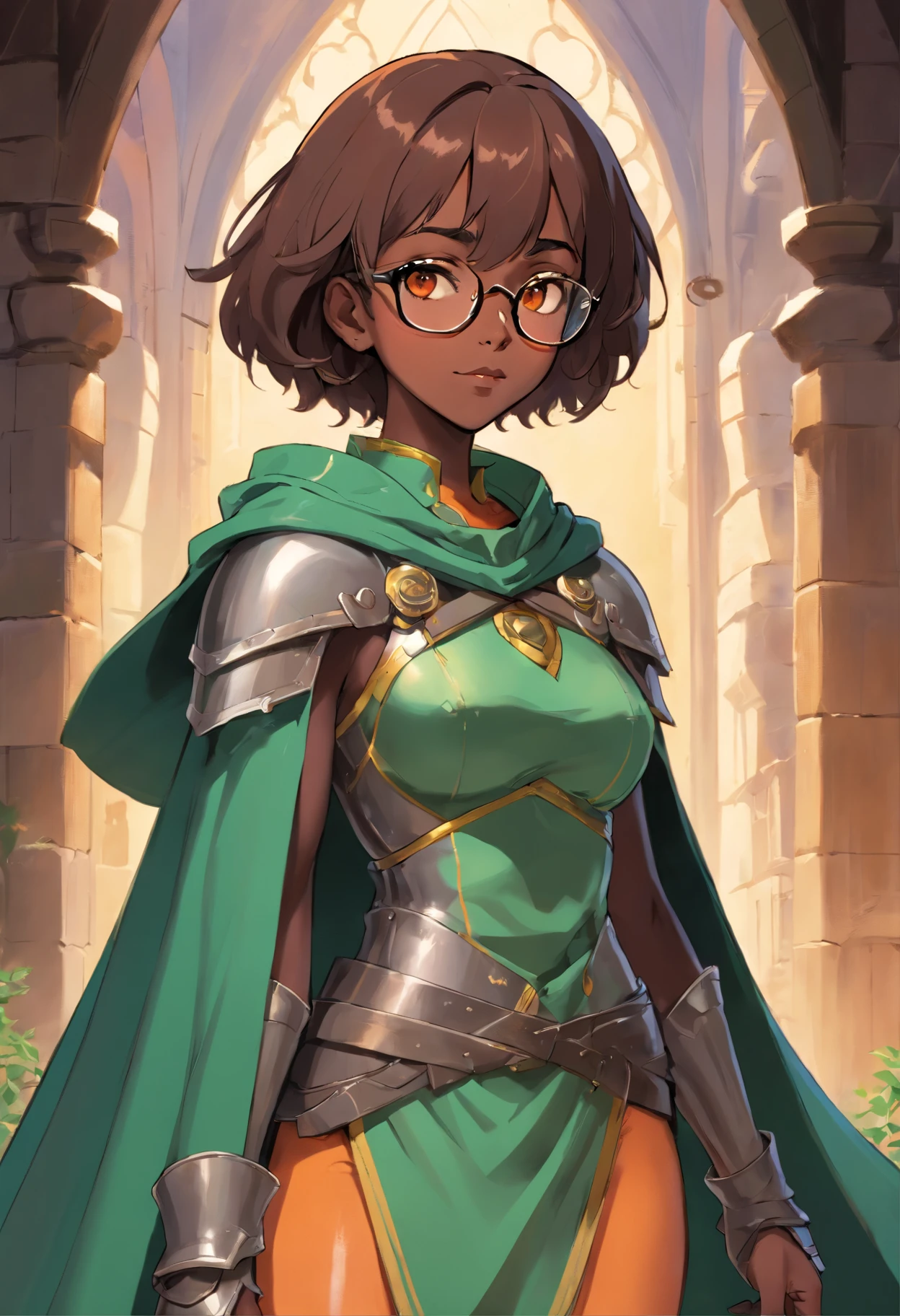 Perscription glasses, dark skin, short wavy hair, light orange eyes, dark lip stick, dark lip gloss, athletic, cleavage, smirking, wide eyes, green medieval cloak, steel armor, thick thighs, hands behind back, standing, facing viewer