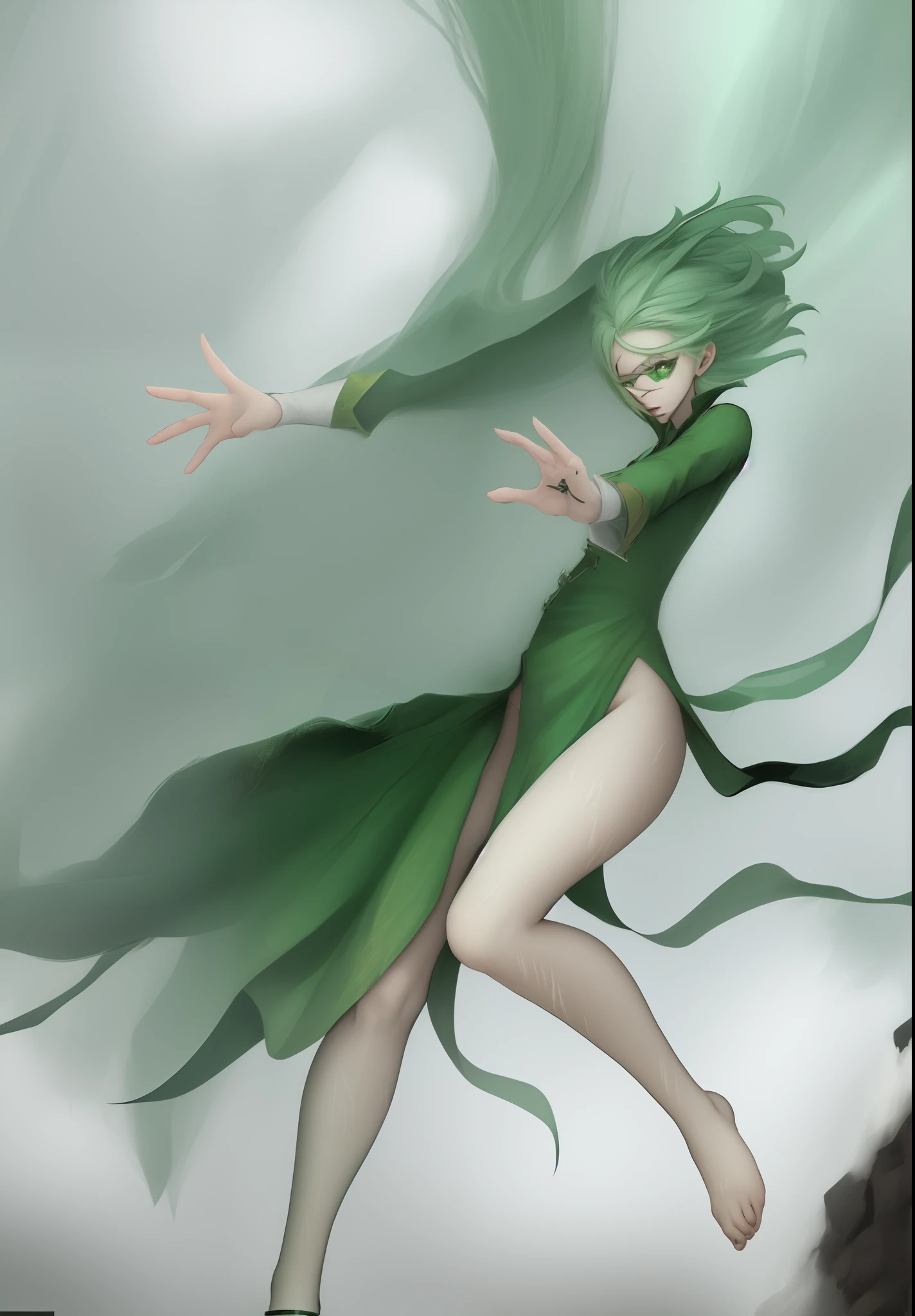 Anime art style, one person in this image green hair, green eyes, white skin leg,
