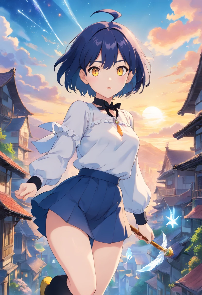 hightquality, Pure Beautiful Girl, Dark Blue Medium Bob Hair, Starry Yellow Eyes, Moderately large breasts, Crystal clear white skin, Peach-colored lips, adventurer, white frilly blouse, Black miniskirt, knee high socks, Absolute area, a black choker,Magic wand with large light blue feathers, The background is a village