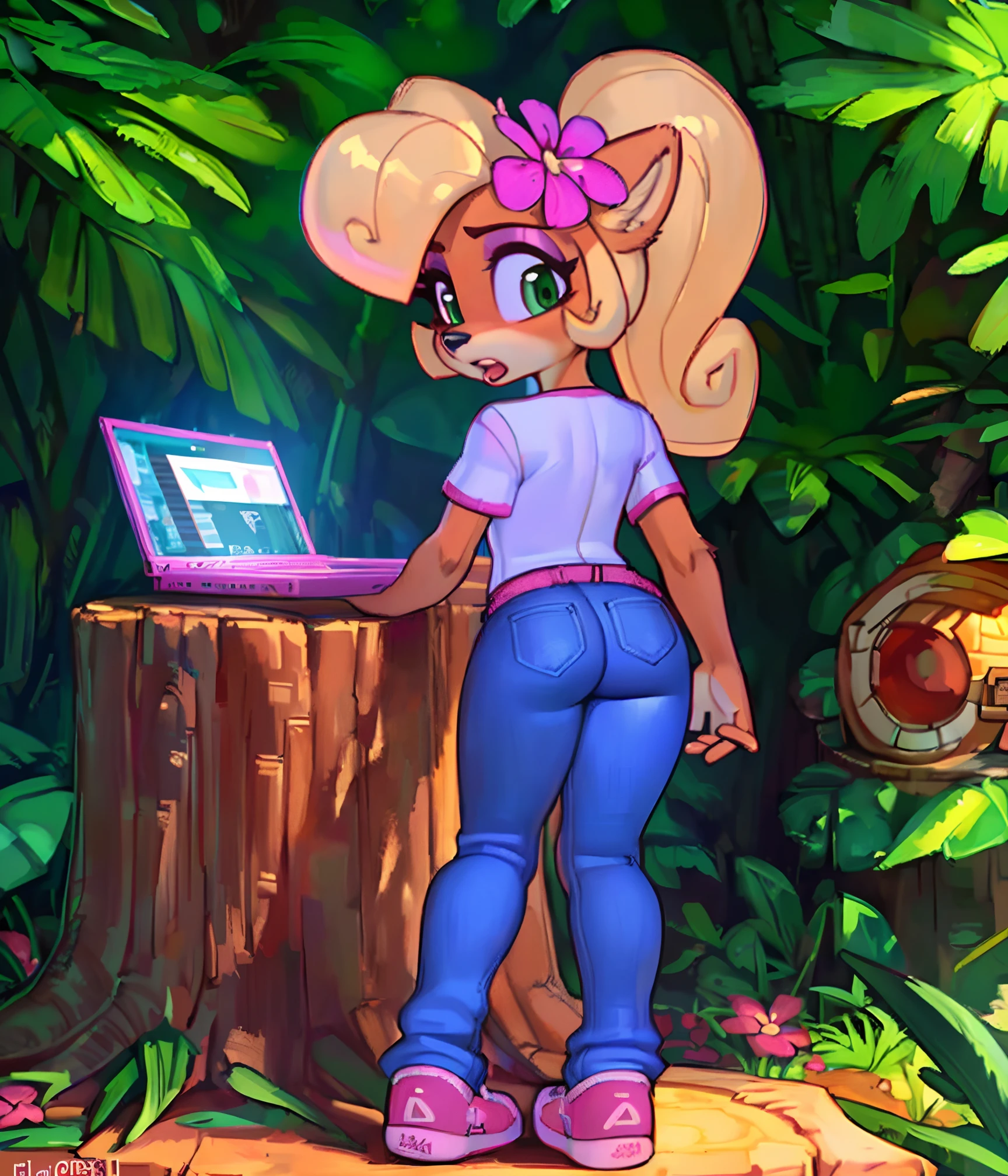[Coco bandicoot], [Uploaded to e621.net; (Pixelsketcher), (wamudraws)], ((masterpiece)), ((high quality)), ((HD)), ((solo portrait)), ((full body)), ((front view)), ((furry; anthro)), ((detailed fur)), ((detailed shading)), ((beautiful render art)), ((back view)), ((shoes visible)), ((intricate details)), {anthro; orange fur, black nose, (cute surprised green eyes), (pink eyeshadow), (surprised), (mouth open), blonde curly hair, curly ponytail}, {(white shirt pink lining), (tight jeans), (pink sneakers), (pink flower on head)}, {(bending over), (leaning on stump), (on laptop), (looking back)}, [background; (tropical forest), (tree stump), (sun rays), (pink laptop)]