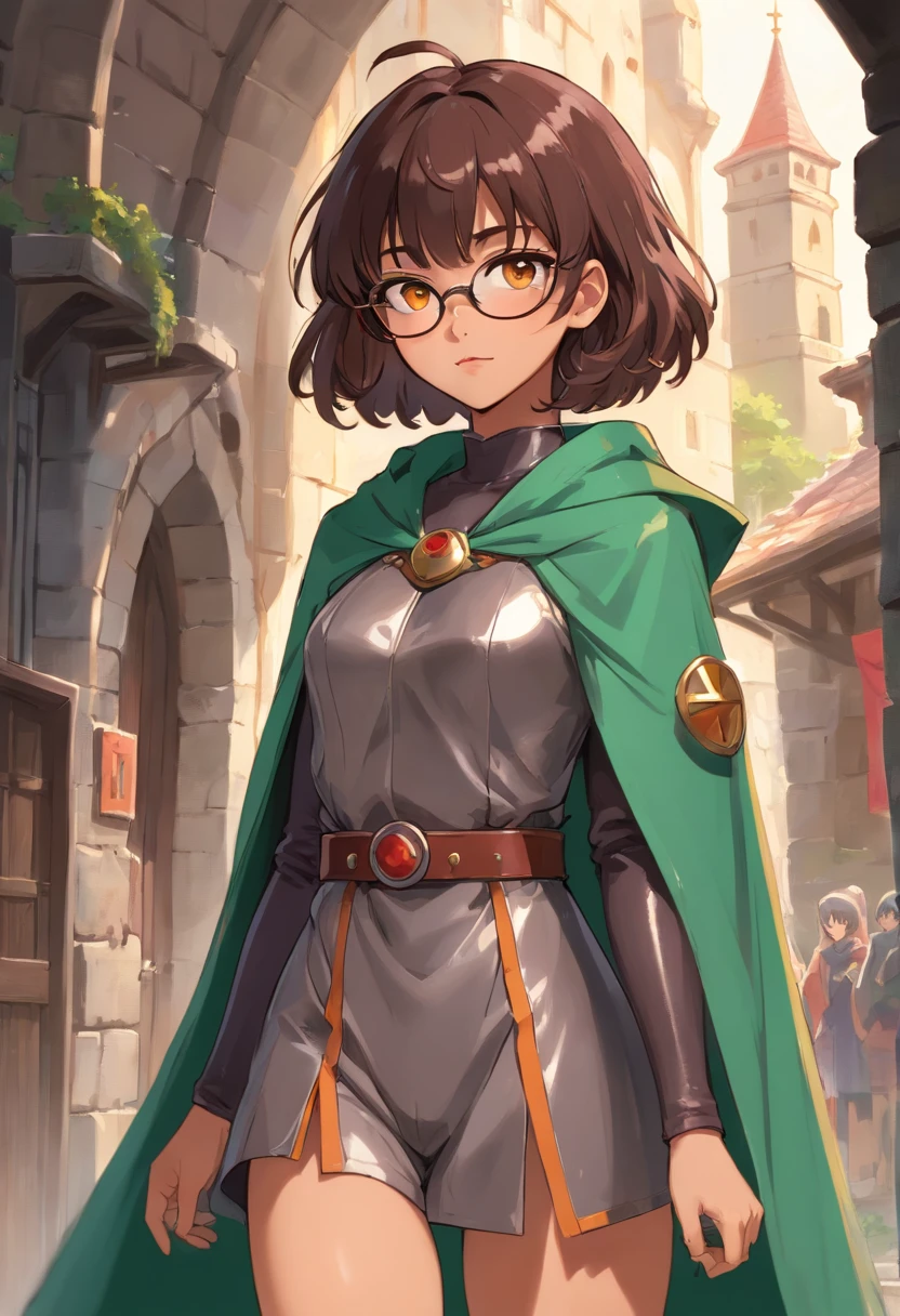Perscription glasses, dark skin, ((short wavy hair, bangs, fringe)), light orange eyes, dark lip stick, dark lip gloss, athletic, cleavage, smirking, wide eyes, green medieval cloak, steel armor, thick thighs, hands behind back, standing, facing viewer