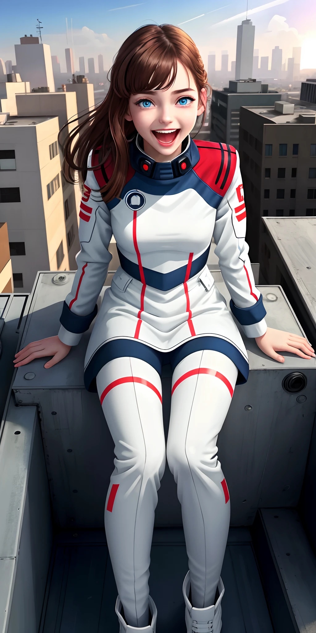 teens girl，White-red military uniform，Futuristic military uniform with minimalist design，brunette color hair，blue color eyes，glowing light eyes，Outdoor rooftop，Overlooking the city，2D illustration，Lively and vivid expression,Great happiness，big laughter，Opens mouth and laughs