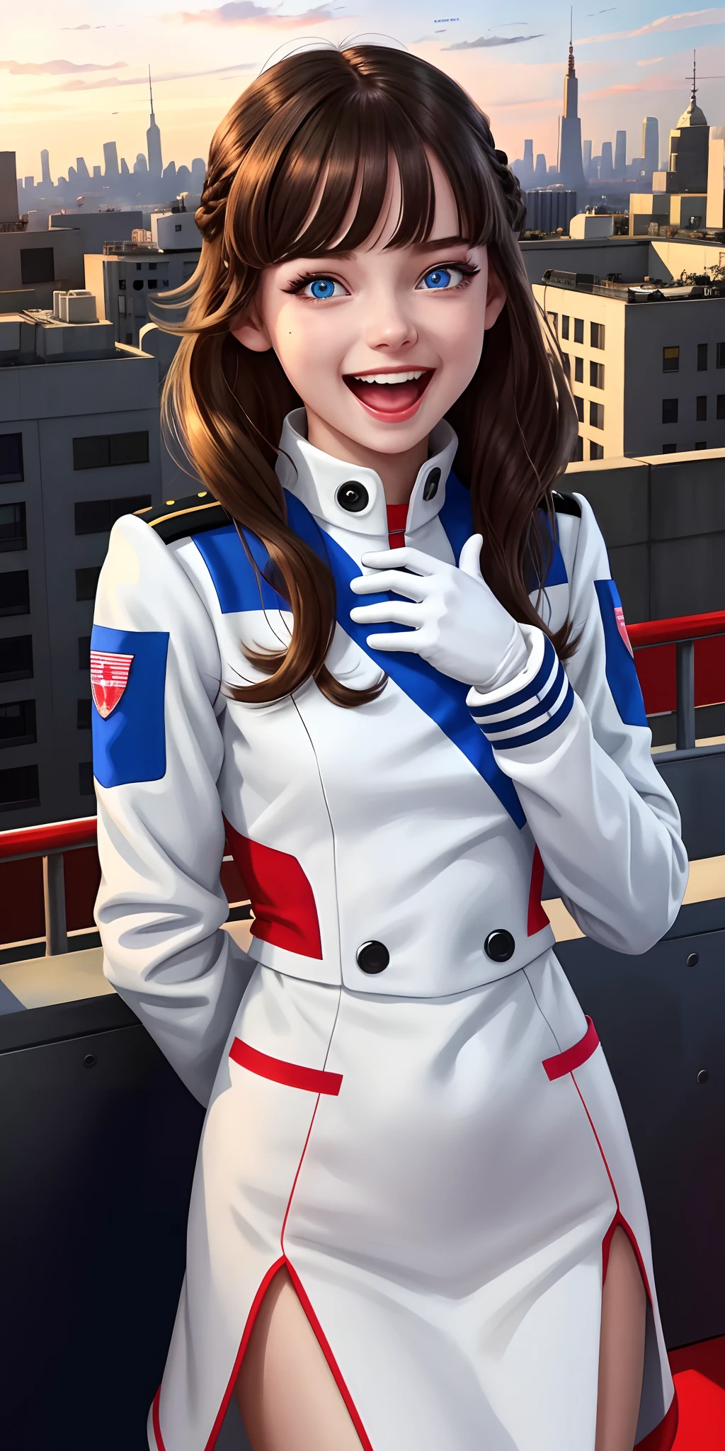 teens girl,White-red military uniform,Futuristic military uniform with minimalist design,brunette color hair,blue color eyes,glowing light eyes,Outdoor rooftop,Overlooking the city,2D illustration,Lively and vivid expression,Great happiness,big laughter,Opens mouth and laughs