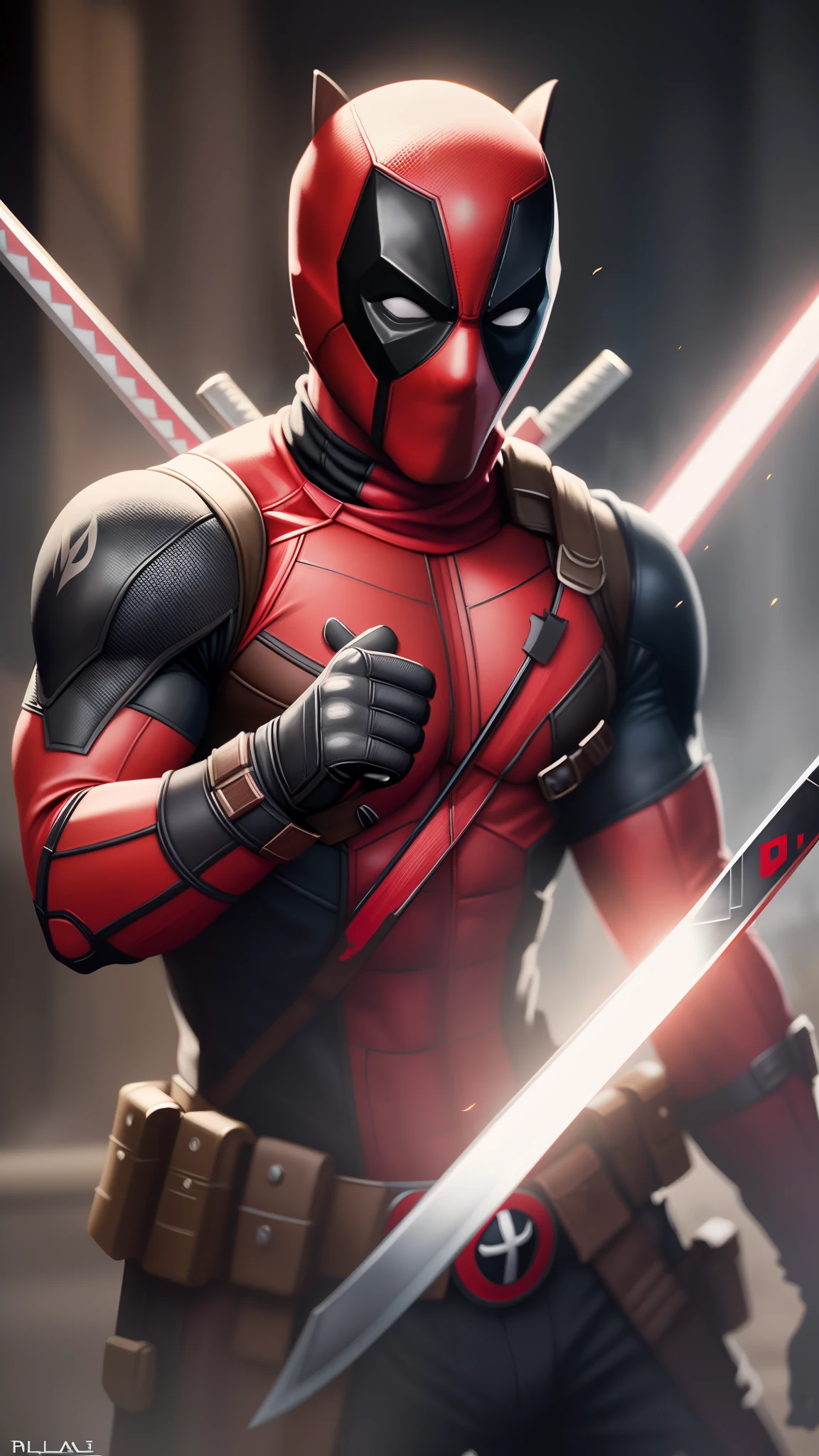 Deadpool has two swords and a knife in his hands, Retrato de Deadpool, Mandalorian Deadpool, Deadpool, Trending in ArtStation 4K, Piscina morta de Ryan Reynolds, foto de retrato, Traje Live Action de Deadpool, badass anime 8 k, 8k render", trending on artstation hd, imagem hiperrealista de x, Iconic character of high detail, Trend at Artstation headquarters, cenario na lua, golpe com espada no ar