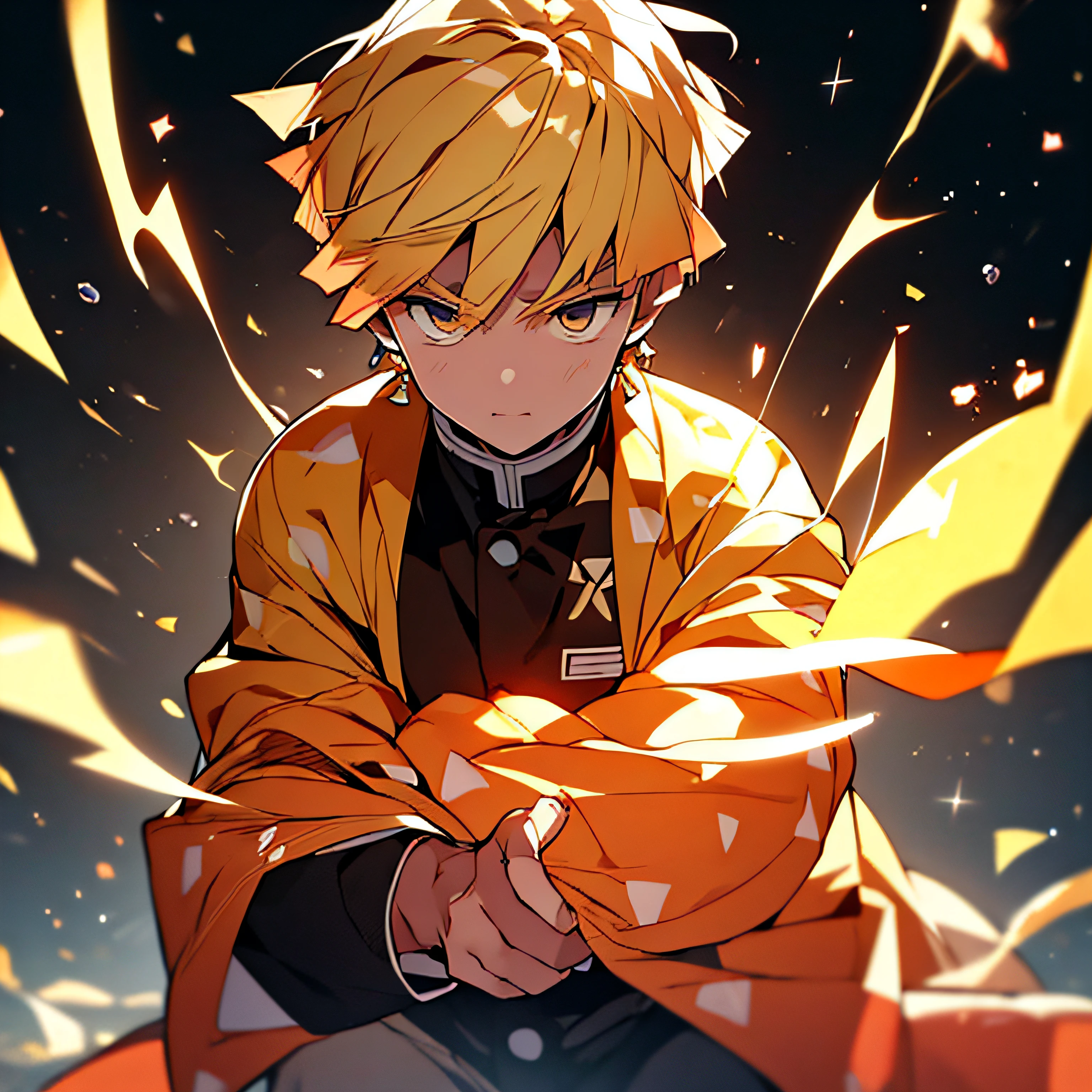 "Craft an intense 32K artwork of Zenitsu in the midst of battle, with his sword drawn and orange energy emanating from him. Utilize the style of the Stars Art Group Xing Xing for a unique visual aesthetic. Ensure every detail, from the folds in his clothing to the intensity of his gaze, is perfectly rendered using Unreal Engine's niji 5 settings."