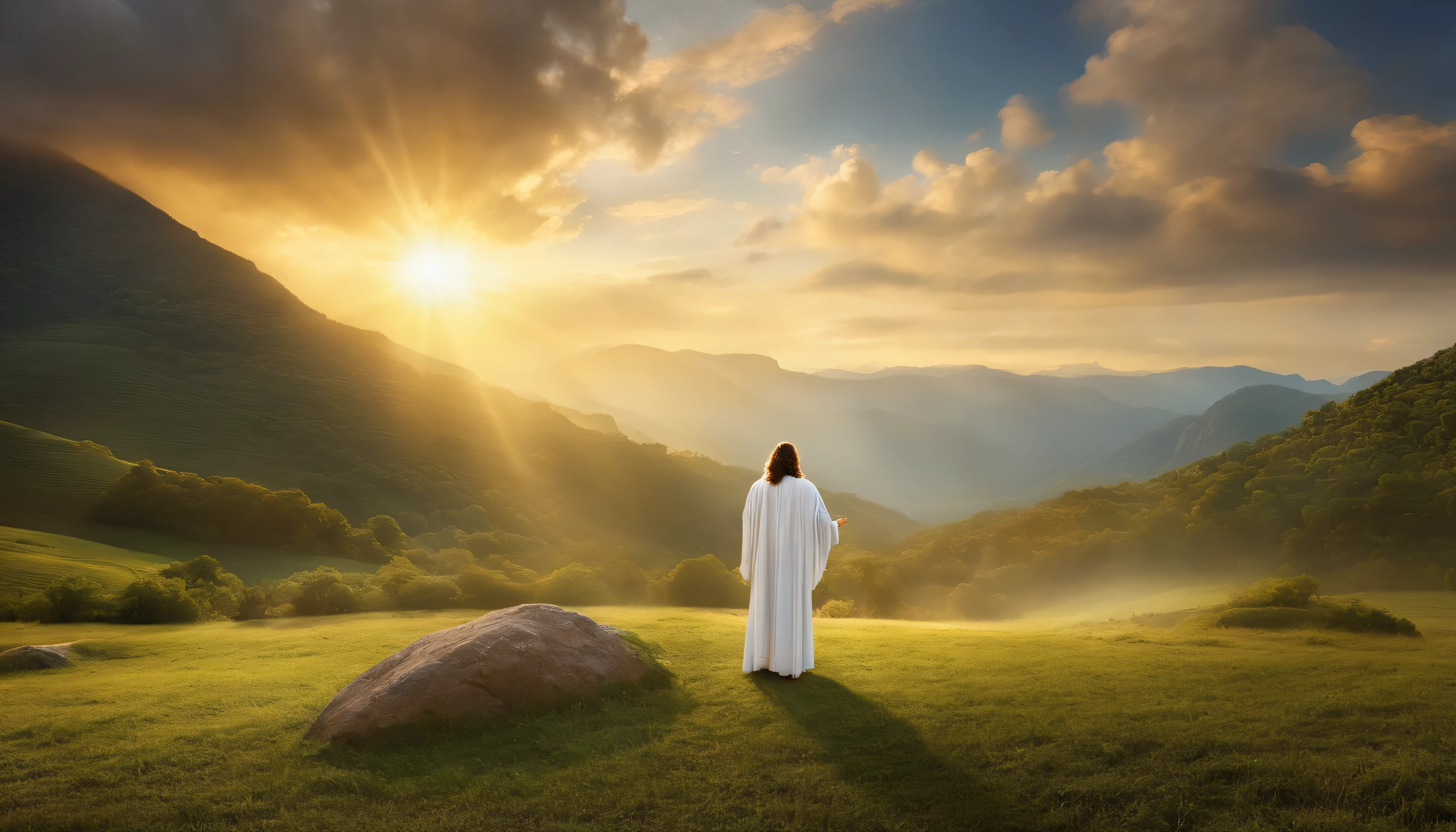 Jesus Cristo em vestes tradicionais, with a flowing white cloak, fica em um campo vasto e verdejante, cuidando de um rebanho de ovelhas brancas macias. A luz do sol rompe as nuvens, illuminating the scene with golden rays and creating a radiant halo around Jesus. In the background, Majestic mountains provide a breathtaking view. As Nuvens, em tons de branco e dourado, reflect sunlight and form patterns in the sky. A cena transmite paz, amor, and protection. Imagem em alta qualidade e rica em detalhes 16k