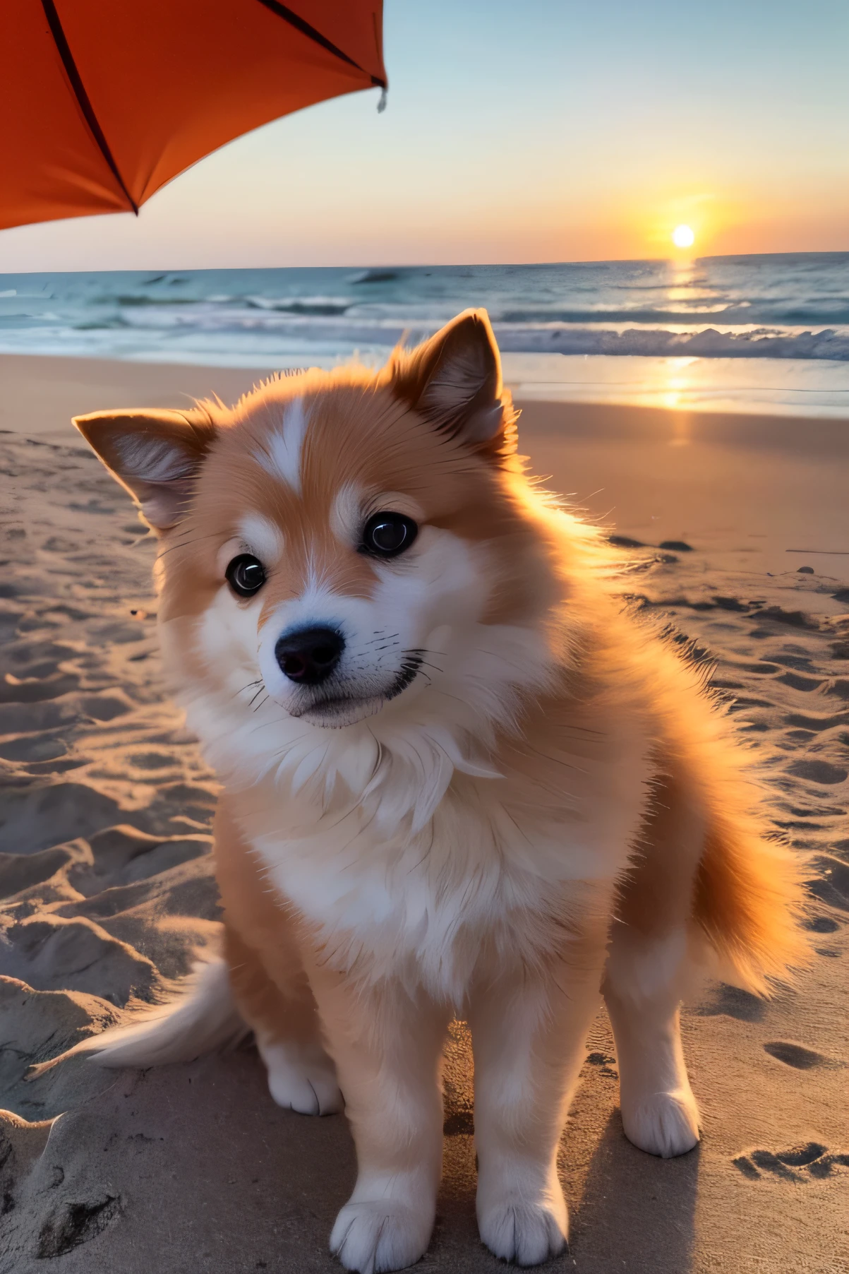 portrait chien mignon Spitz , Sur une plage tropicale, souriant, Fond mer, Detailed, sunset on the right, 4k