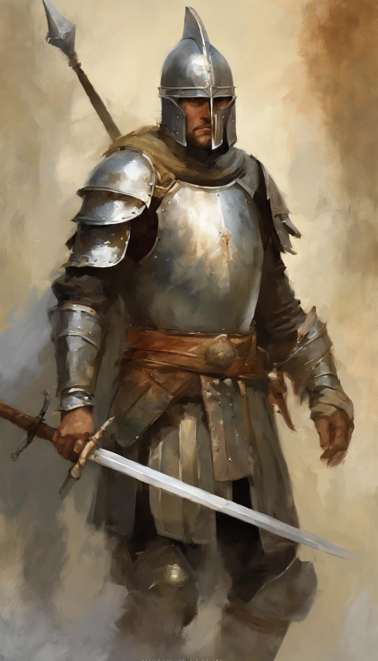 male in a armor with a sword, highly detailed character, paladin, modelshoot style, (extremely detailed CG 8k wallpaper), body photo of the most beautiful artwork in the world, medieval armor, body portrait, Nimrod the first king of Babylon, hunter, knight, macho man, majestic professional oil painting by Ed Blinkey, Atey Ghailan, Studio Ghibli, by Jeremy Mann, Greg Manchess, Antonio Moro, trend at ArtStation, trend at CGSociety, Intricate, High Detail, Sharp Focus, Dramatic and Photorealistic Painting Art by Midjourney and Greg Rutkowski