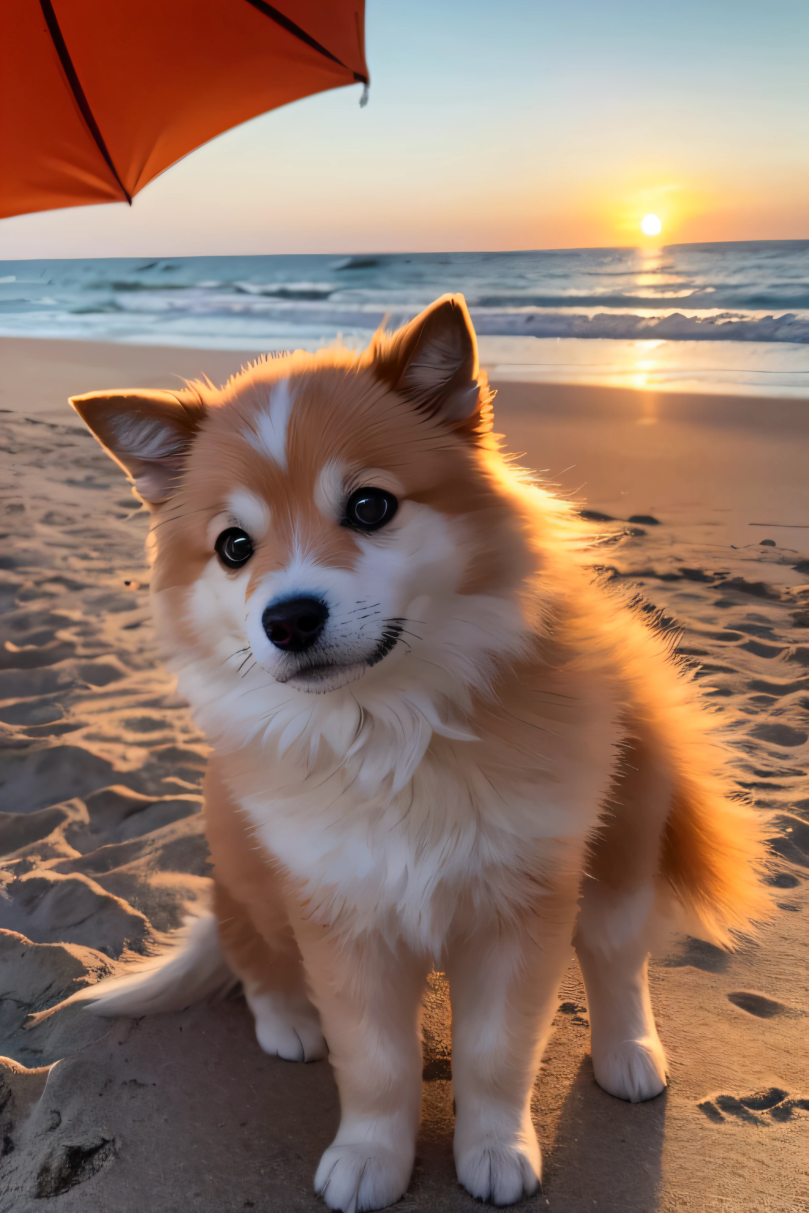 portrait chien mignon Spitz , Sur une plage tropicale, souriant, Fond mer, Detailed, sunset on the right, 4k