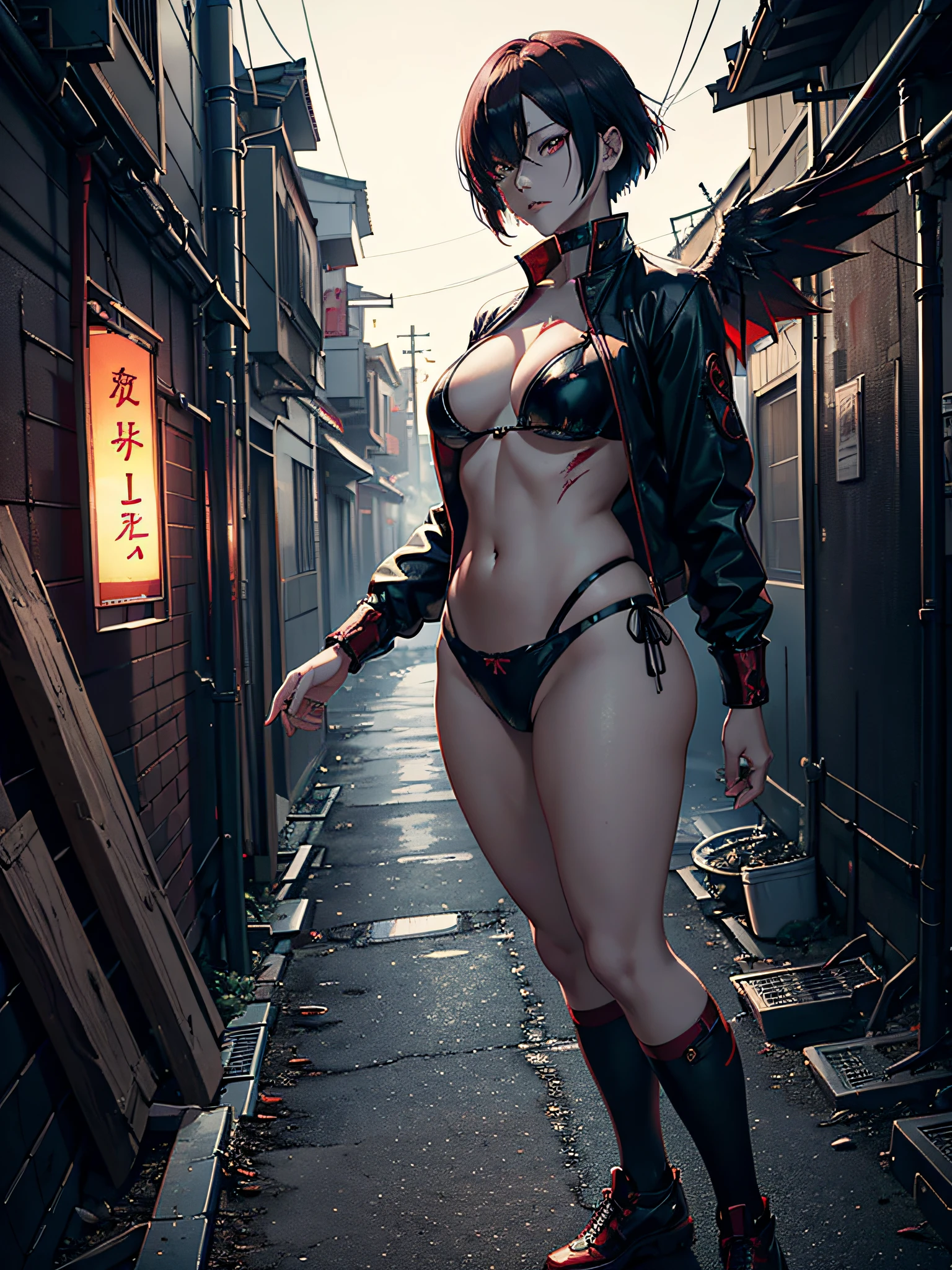 Kirishima Touka, Tokyo Ghoul, transformed, serious face, completely black eyes with red irises, bangs covering one eye, medium breasts, big ass, perfect body, dark and gray alley, little light, lots of blazing red and blood, flaming wings, (ultra-realistic), {extremely detailed 8k CG unit wallpaper}, expansive landscape photography, (a character-focused low view), (wide open field view), (low angle shot), (high light: 1.2), (low light: 2.0), (warm light source: 1.0), complex details, (iridescent colors: 1.2), (bright lighting), (atmospheric lighting), dreamy, badass, sensual, tokyo Ghoul