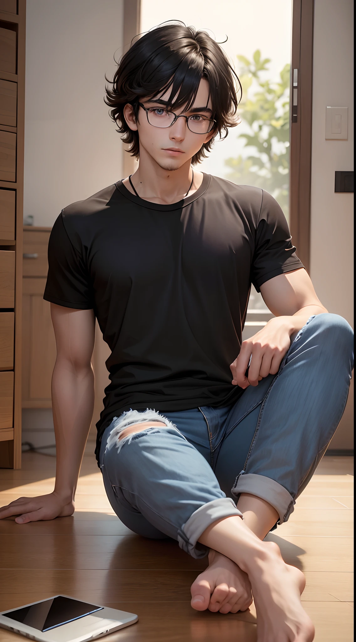 1 man 19 years old, black hair, messy hair, shaggy hair style, shoulder-length hair, bespectacled, hair over one eye, purple eyes, wearing black t-shirt, wearing long jeans, bare feet, from the front, front view, right hand holds laptop, Decisive eyes, face looking forward, prepare to run, free running, lower your back, slightly lower the body, left hand resting on the floor, full body, full character, extremely detailed, best graphics, 8k, ultrasharp, masterpiece