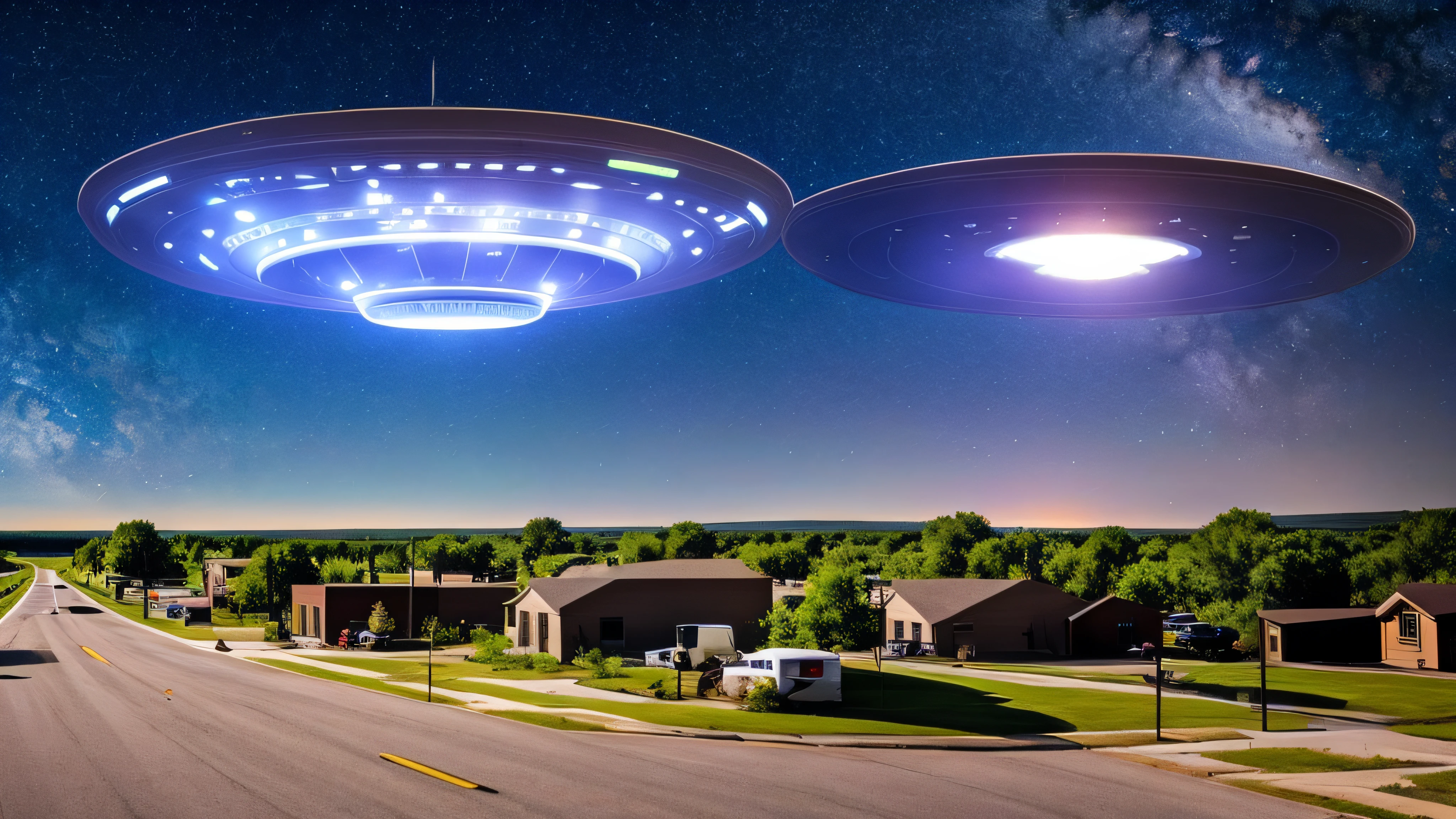 UFO invasion in typical American small town, seen from below