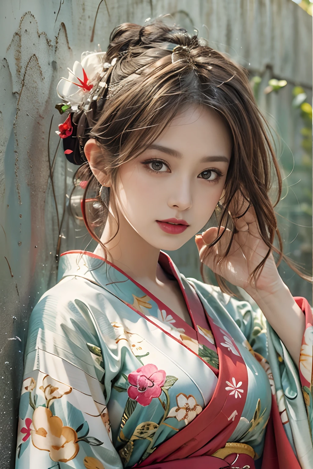 A close up of a woman in a kimono with flowers in her hair - SeaArt AI