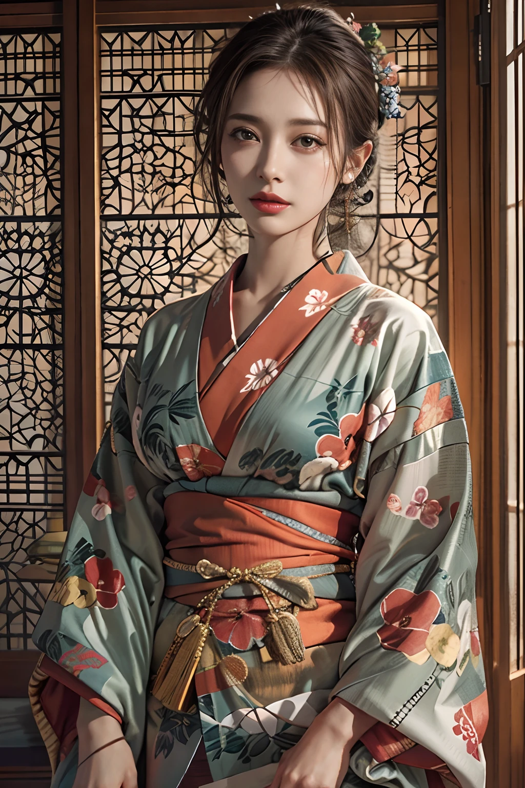 Photorealistic, High resolution, 1womanl, Solo, hips up high, look at viewr, (Detailed face), Kimono, jewely