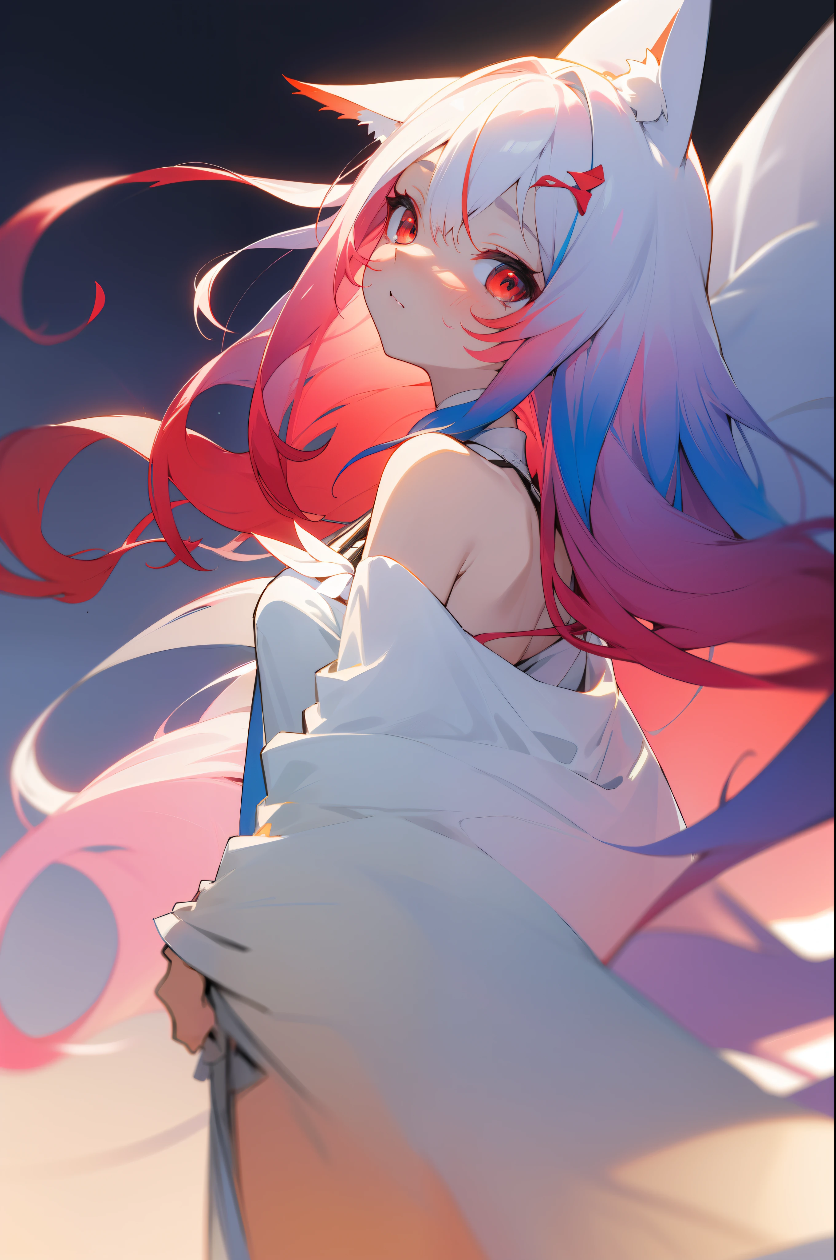 NSFW,{{Masterpiece}},{{Best quality}},illustration,Portrait,{1 girl},(Long white hair,detailed red eyes),multicolored hair,((Gradient hair), White+(Blue)+(Pink:0.5) Hair//),{Fox ears},{Extremely detailed blue eyes},{{arms back behind}},Slender figure,{lilies_Field},{Bare shoulders},{Long-term separation_Sleeves},{lean forward slightly forward},Looking up,hair adornments,{Shy},Head tilt,{Medium breasts},Cinematic lighting,Oversized clothes,