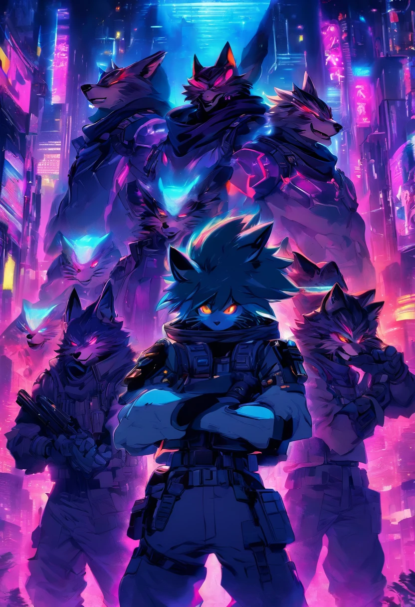 top quality, best quality, High-quality illustrations, masterpiece, super high resolution, detailed background, cyberpunk, Military Headquarters background, 4 boys and 1 girl, epic lighting, cinematic shadow(kemono, furry anthro)assorted poses, dynamic angle, weretigers, looking at user, (group photo shot), various smiling expressions, different fur colors, fully clothed, (night vision goggles)