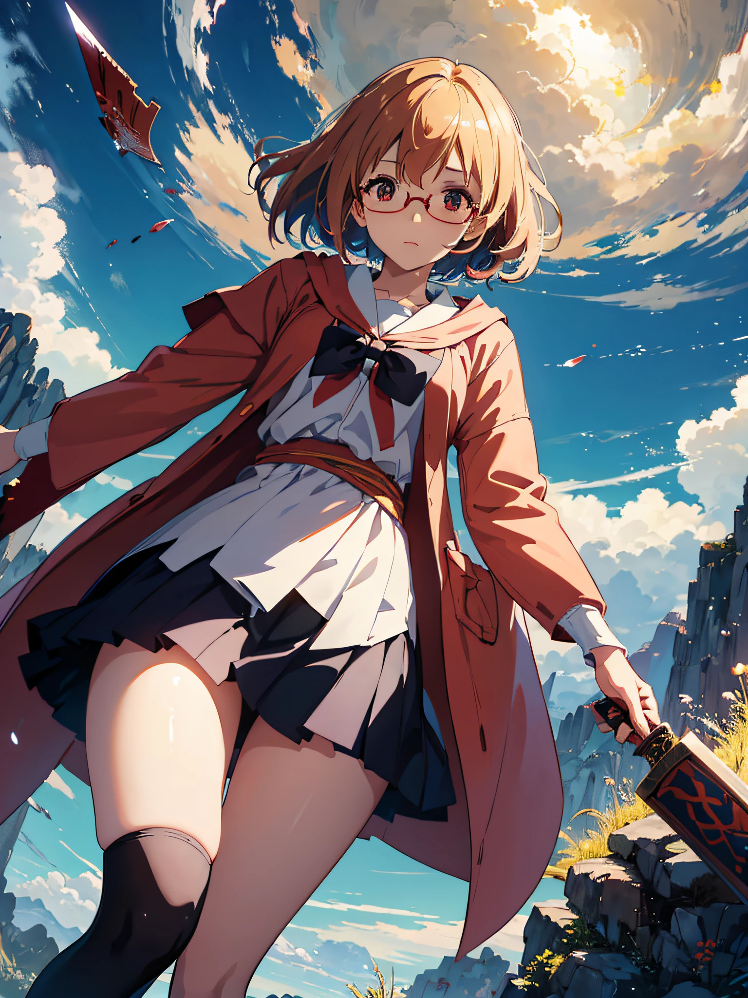 Mirai Kuriyama, with a finger in her mouth, in the other hand holding her blood sword, standing, glasses almost falling from her face, half breasts, voluminous legs, Full body, school scene, (ultra-realistic), {wallpaper of extremely detailed 8k CG unit}, expansive landscape photography, (a low view with focus on the character), (wide open field view), (low angle shot), (high light: 1.5), (low light: 1.0), (warm light source: 1.2), intricate details, (iridescent colors: 1.5), (bright lighting), (atmospheric lighting), dreamy, magical, sexy, Kyoukai no Kanata