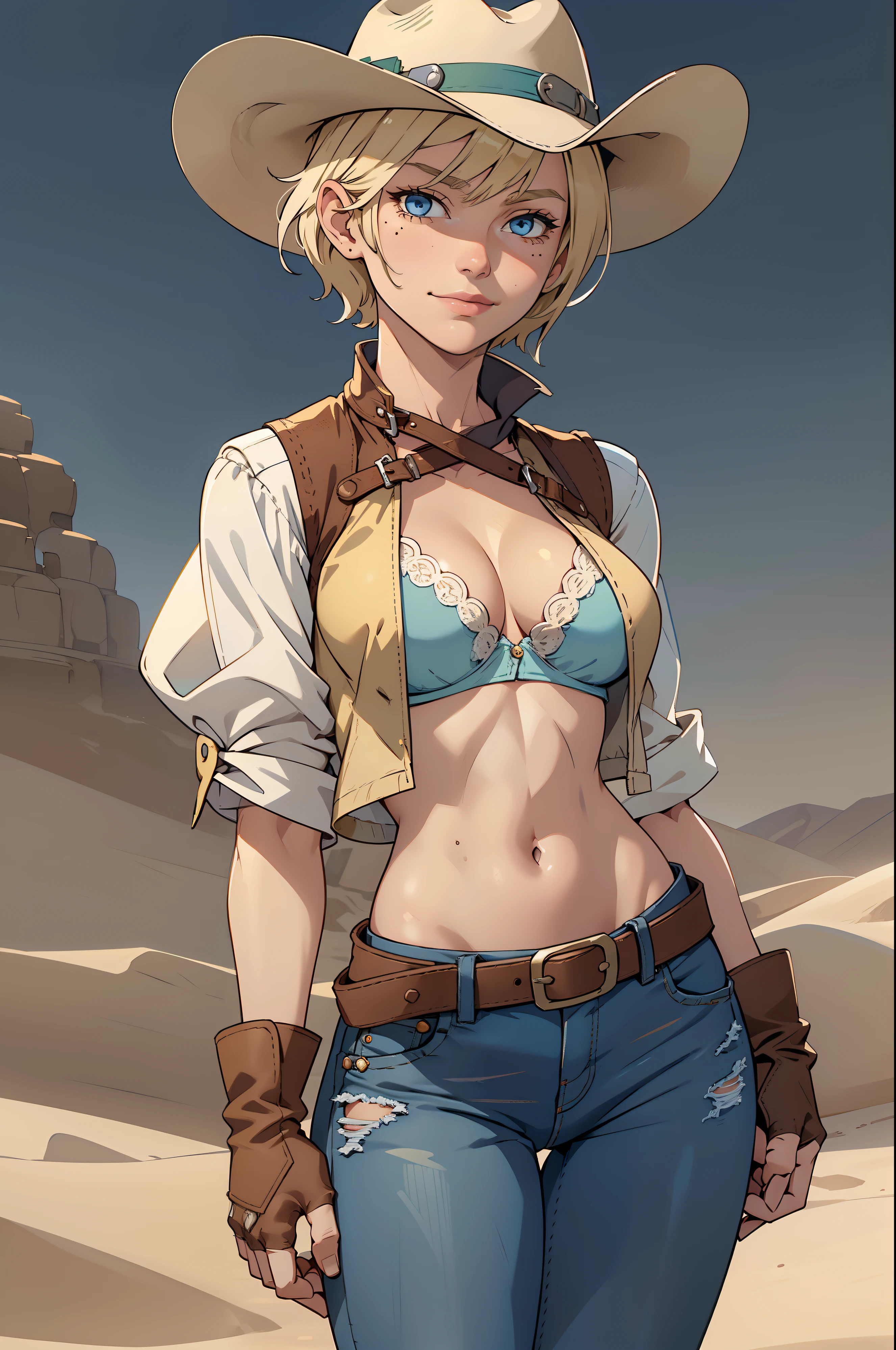 1girl, cowboy hat, white bra, green vest, no sleeves, navel, blue jeans, brown boots, fingerless gloves, short gloves, slight smile, short hair, blonde hair, parted bangs, blue eyes, mole under right eye, American Old West, sunny desert background, belt, best quality, masterpiece