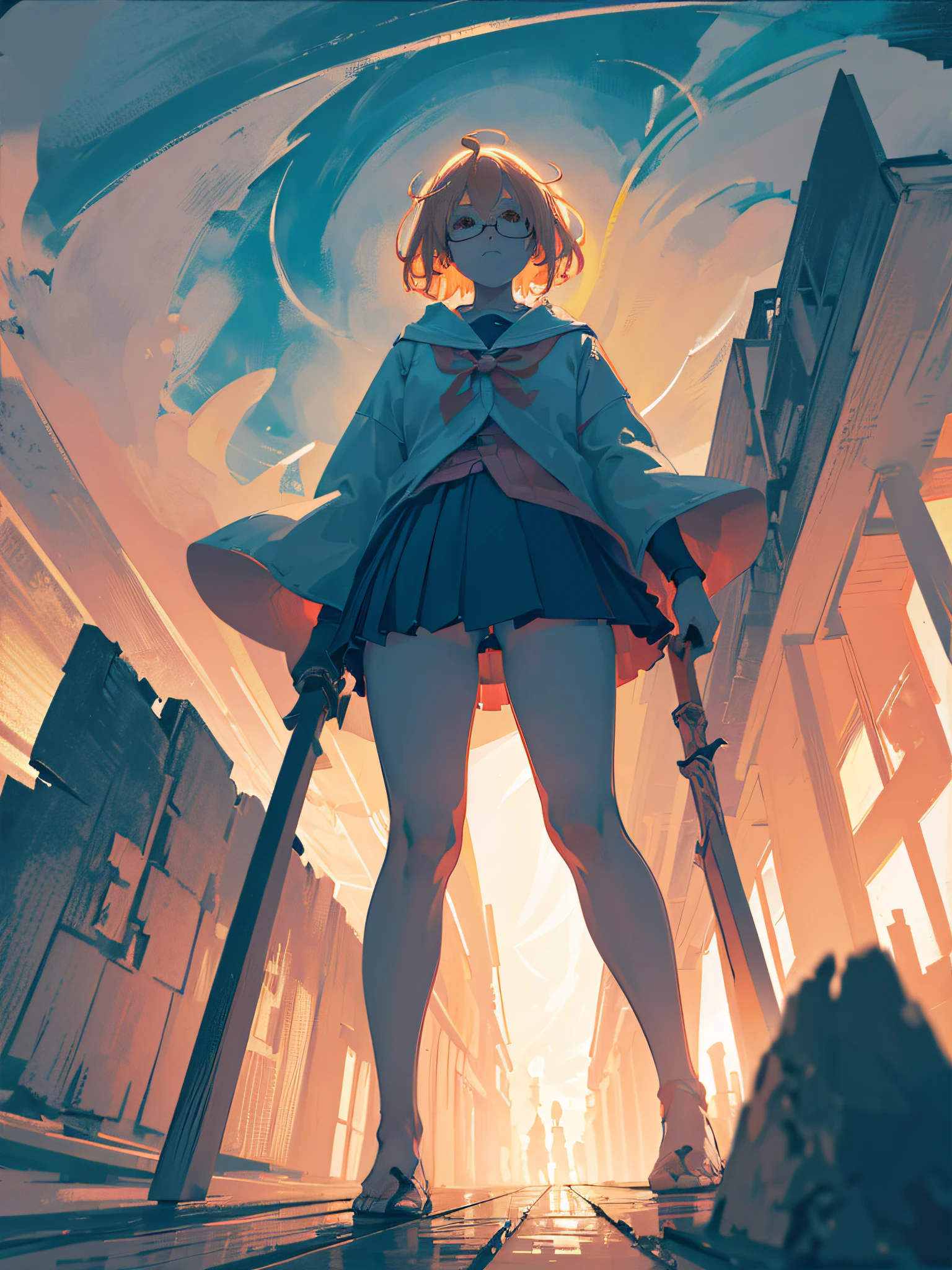 Mirai Kuriyama, with a finger in her mouth, in the other hand holding her blood sword, standing, glasses almost falling from her face, half breasts, voluminous legs, Full body, school scene, (ultra-realistic), {wallpaper of extremely detailed 8k CG unit}, expansive landscape photography, (a low view with focus on the character), (wide open field view), (low angle shot), (high light: 1.5), (low light: 1.0), (warm light source: 1.2), intricate details, (iridescent colors: 1.5), (bright lighting), (atmospheric lighting), dreamy, magical, sexy, Kyoukai no Kanata