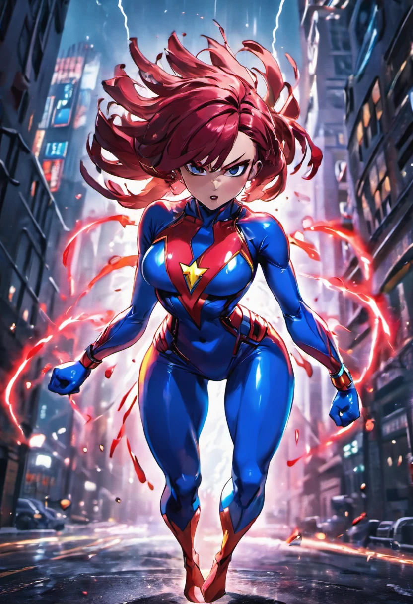 (best quality,4k,8k,highres,masterpiece:1.2),ultra-detailed,(realistic,photorealistic,photo-realistic:1.37),skin-tight suit,full body image,girl,sexy,superheroine,electric flow,shiny texture,tight fit,bold colors,strong and confident stance,striking pose,athletic physique,intense eyes,fierce expression,flowing hair,sleek design,cityscape background,dynamic lighting,city lights reflecting on the suit,blue and red color scheme,energetic atmosphere