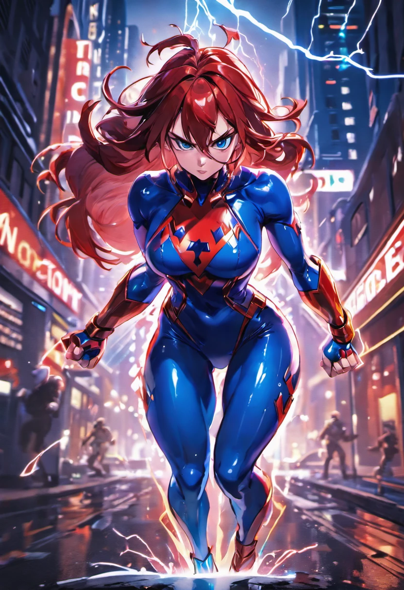 (best quality,4k,8k,highres,masterpiece:1.2),ultra-detailed,(realistic,photorealistic,photo-realistic:1.37),skin-tight suit,full body image,girl,sexy,superheroine,electric flow,shiny texture,tight fit,bold colors,strong and confident stance,striking pose,athletic physique,intense eyes,fierce expression,flowing hair,sleek design,cityscape background,dynamic lighting,city lights reflecting on the suit,blue and red color scheme,energetic atmosphere