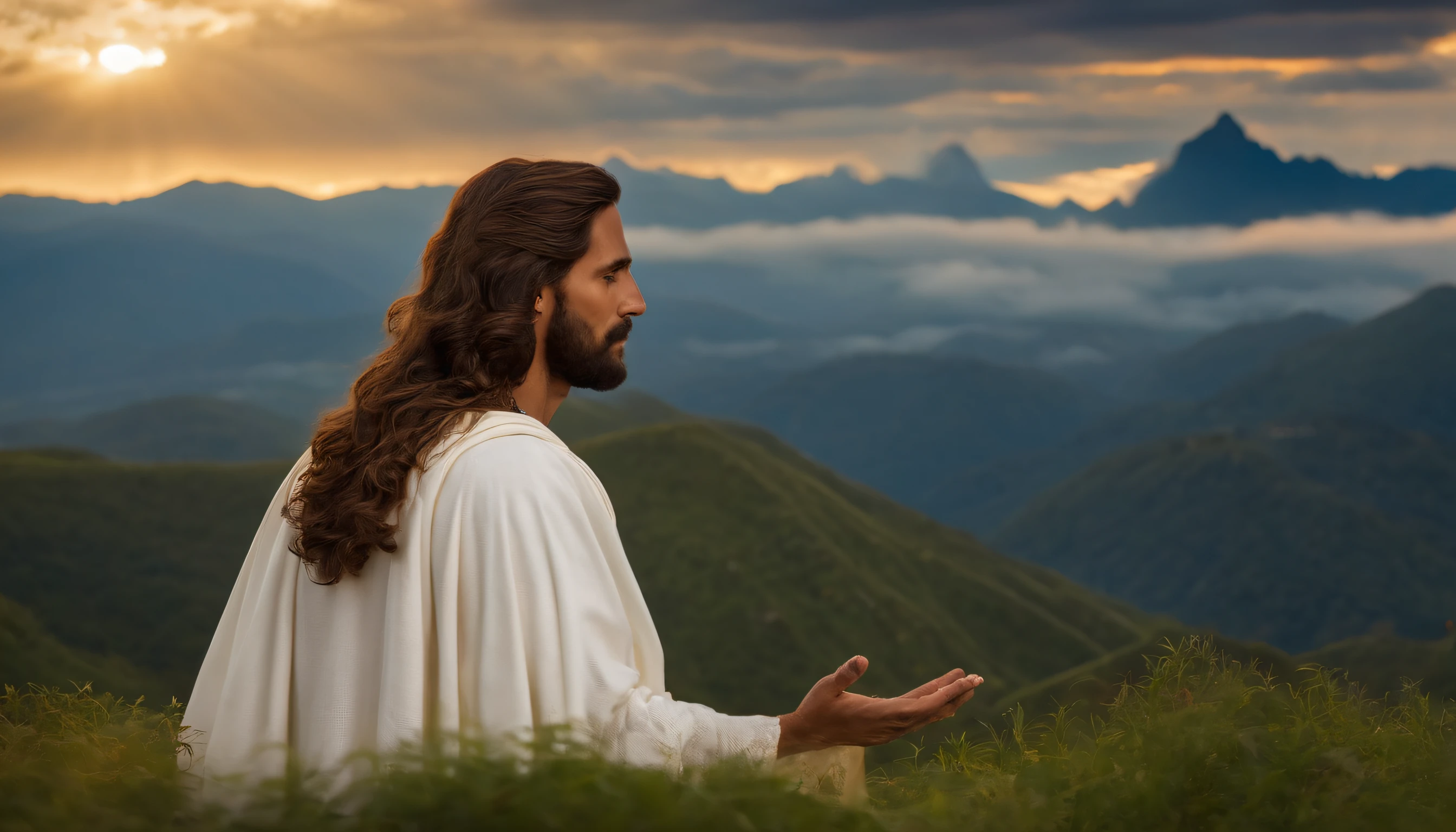 Jesus Cristo em vestes tradicionais, with a flowing white cloak, fica em um campo vasto e verdejante, cuidando de um rebanho de ovelhas brancas macias. A luz do sol rompe as nuvens, illuminating the scene with golden rays and creating a radiant halo around Jesus. In the background, Majestic mountains provide a breathtaking view. As Nuvens, em tons de branco e dourado, reflect sunlight and form patterns in the sky. A cena transmite paz, amor, and protection. Imagem em alta qualidade e rica em detalhes 16k