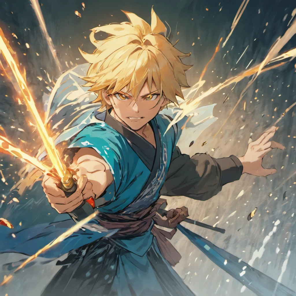 one male, anime, samurai, blonde hair, blonde beard, blue samurai armor, attacking, slashing, katana, water, middle aged, 4k, unbeatable masterpiece