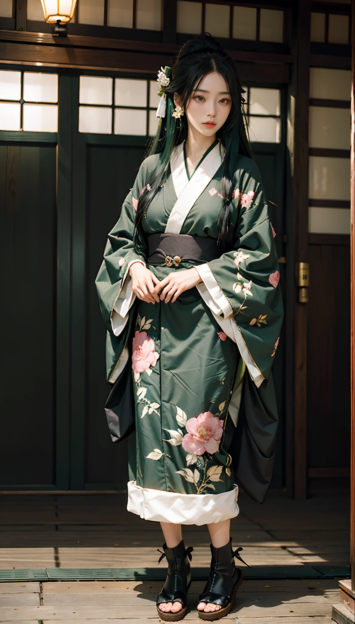 meticulous portrayal of face,1 noblewoman,(Camellia kimono),(Long flowing black and green hair),Simple and elegant Japanese clothing,Collar,(black sock,clogs), s the perfect face, perfect hand, Perfect Finger, Perfect lips, perfect eyes,Extremely normal body,Ancient Japanese town background,Perfect background
