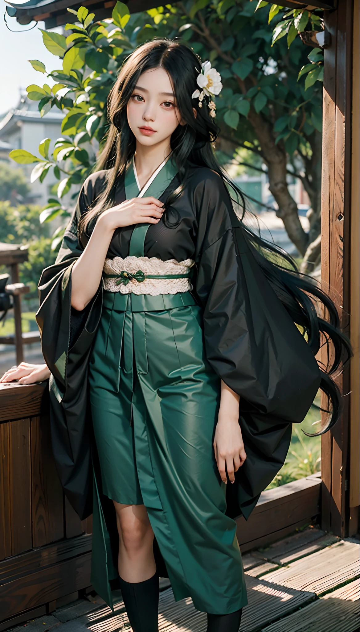 meticulous portrayal of face，1 noblewoman，(Camellia kimono)，(Long flowing black and green hair)，Simple and elegant Japanese clothing，Collar，(black sock，clogs)， s the perfect face， perfect hand， Perfect Finger， Perfect lips， perfect  eyes，Extremely normal body，Ancient Japanese town background，Perfect background