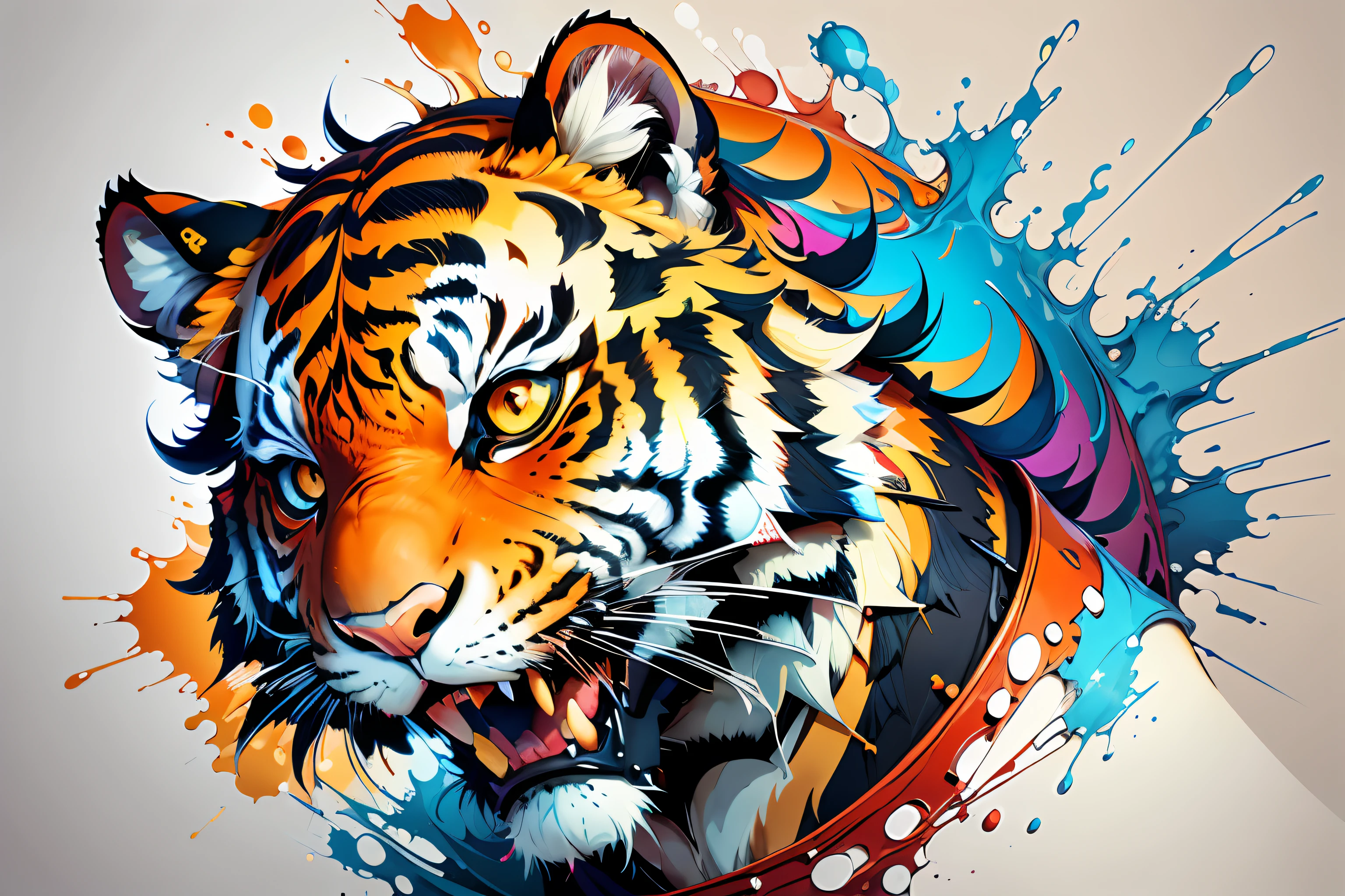 distorted face art of a cartoon tiger candy of vibrant colors in the form of a shield with brush TECHNIQUE and splash effects