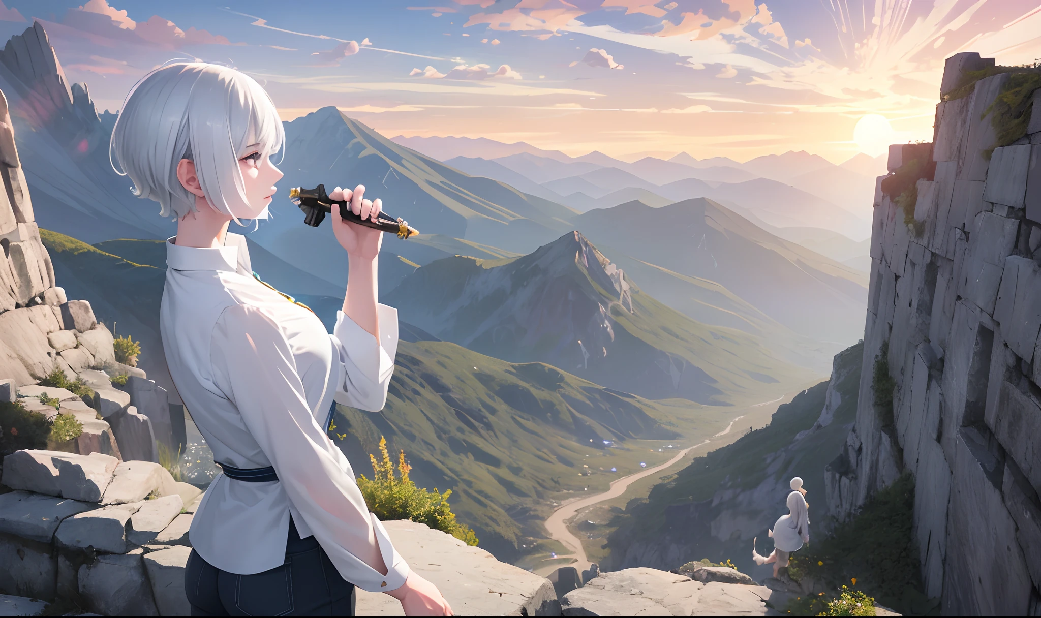 girl with short hair, white hair, fair skin, long shirt, gray shirt, gray pants, cleavage, bands on the forearms, medium breasts, big ass, on top of a mountain, front view, one hand raised, blue flame on the hand, sunset