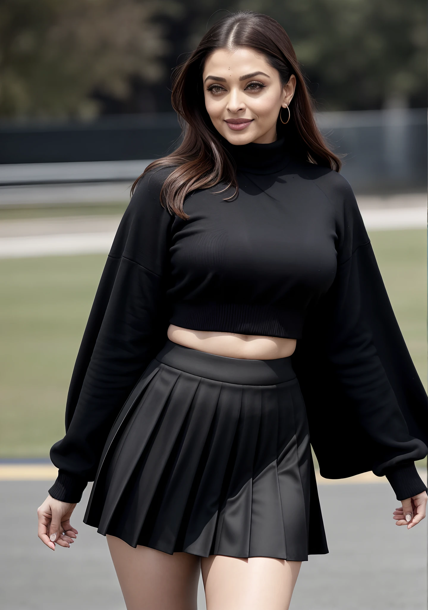 Aishwarya Rai Bachchan, 49 yo sexy milf, black mini knife pleated skirt and crop top, heeled ankle boots, ponytail tied hair, erotica, bright sunny day scene, athletic milf body, posing in university playground, hourglass milf figure, big breasts, seductive expression on her face, look at a camera and teasing smile, by soft volumetric lights, intricate details, (ArtStation:1.2)