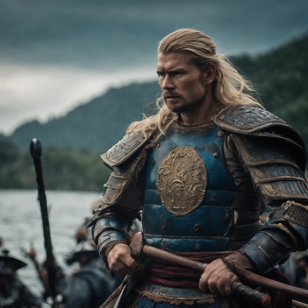 one male, anime, samurai, blonde hair, blonde beard, blue samurai armor, attacking, slashing, katana, water, middle aged, 4k, unbeatable masterpiece
