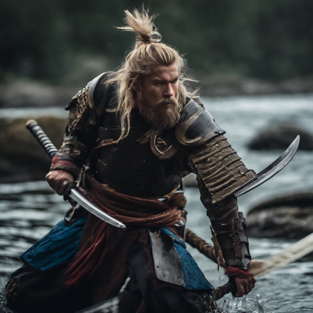 one male, anime, samurai, blonde hair, blonde beard, blue samurai armor, attacking, slashing, katana, water, middle aged, 4k, unbeatable masterpiece